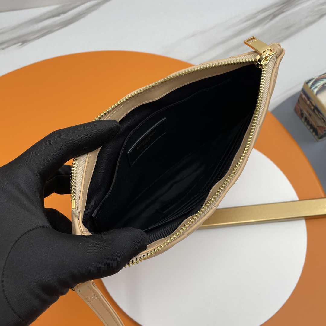 SAINT LAURENT Beige-Brown Twill Leather Clutch Bag