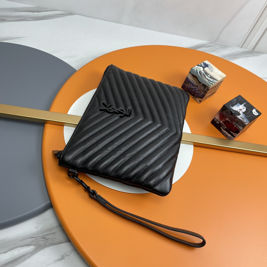 SAINT LAURENT Clutch Bag in Black Twill Leather by Black Logo