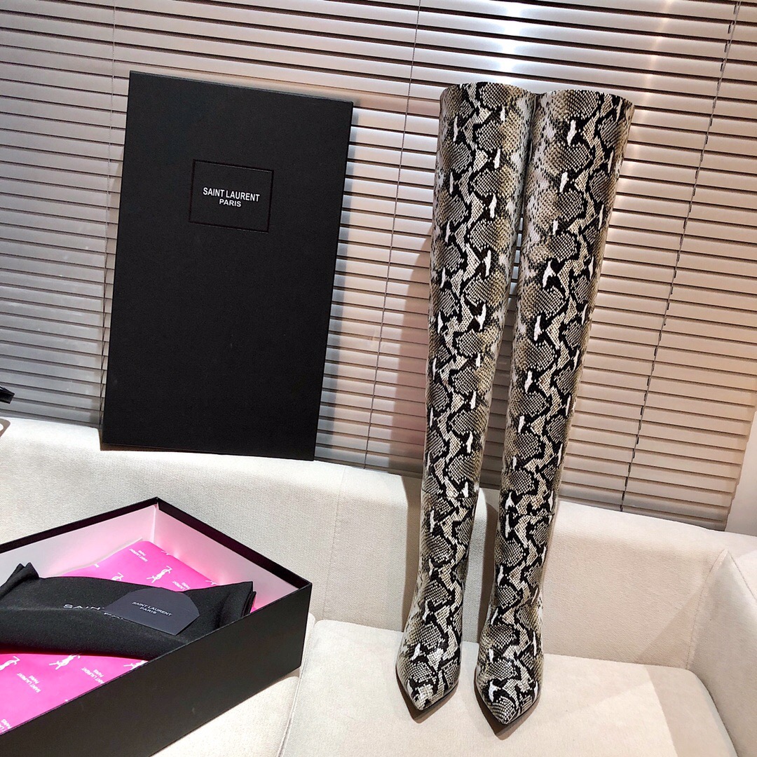 Saint Laurent Snakeskin Pointed-Toe Long Boots