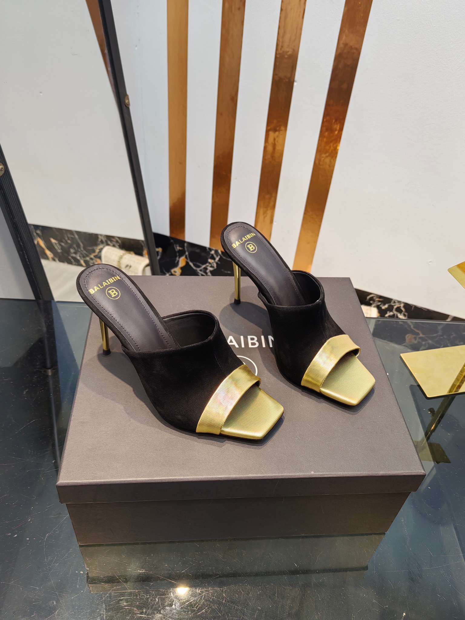 Balmain Square-Toed High-Heeled Slippers