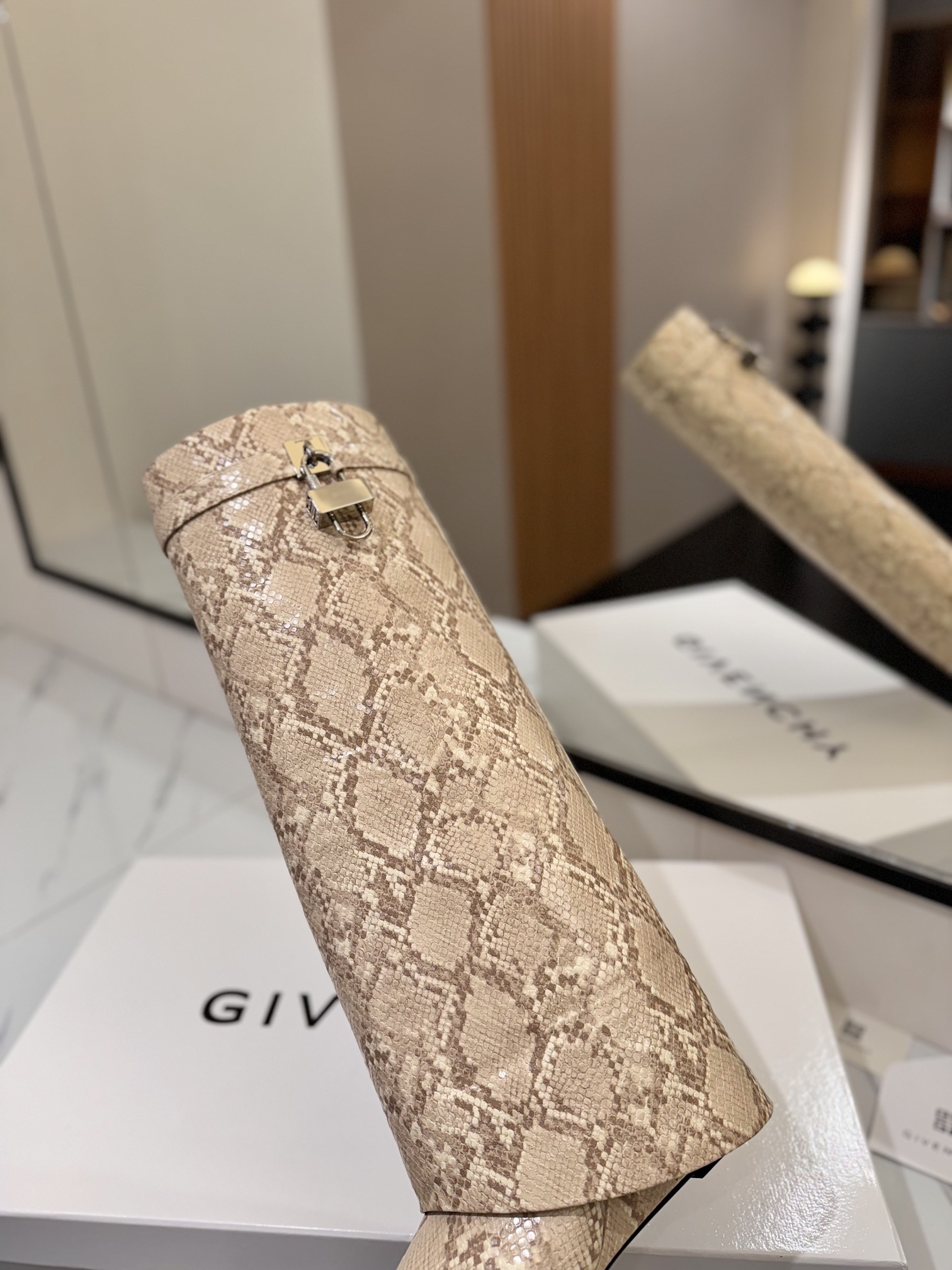 Givenchy Leather Snake Print Buckle Over-the-Knee Boots