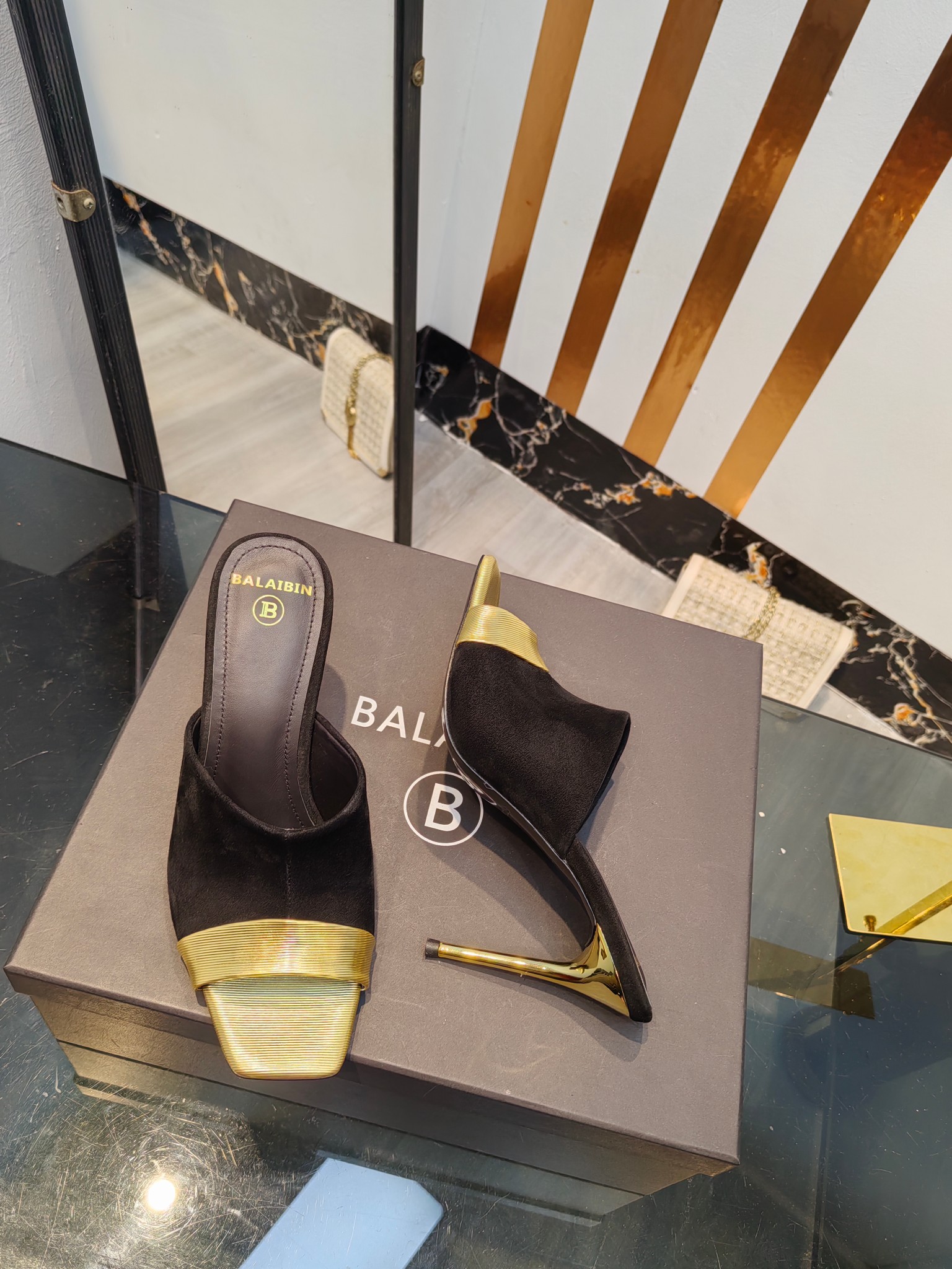 Balmain Square-Toed High-Heeled Slippers