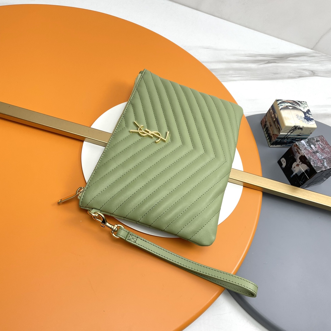 SAINT LAURENT Clutch Bag in Light green Twill Leather