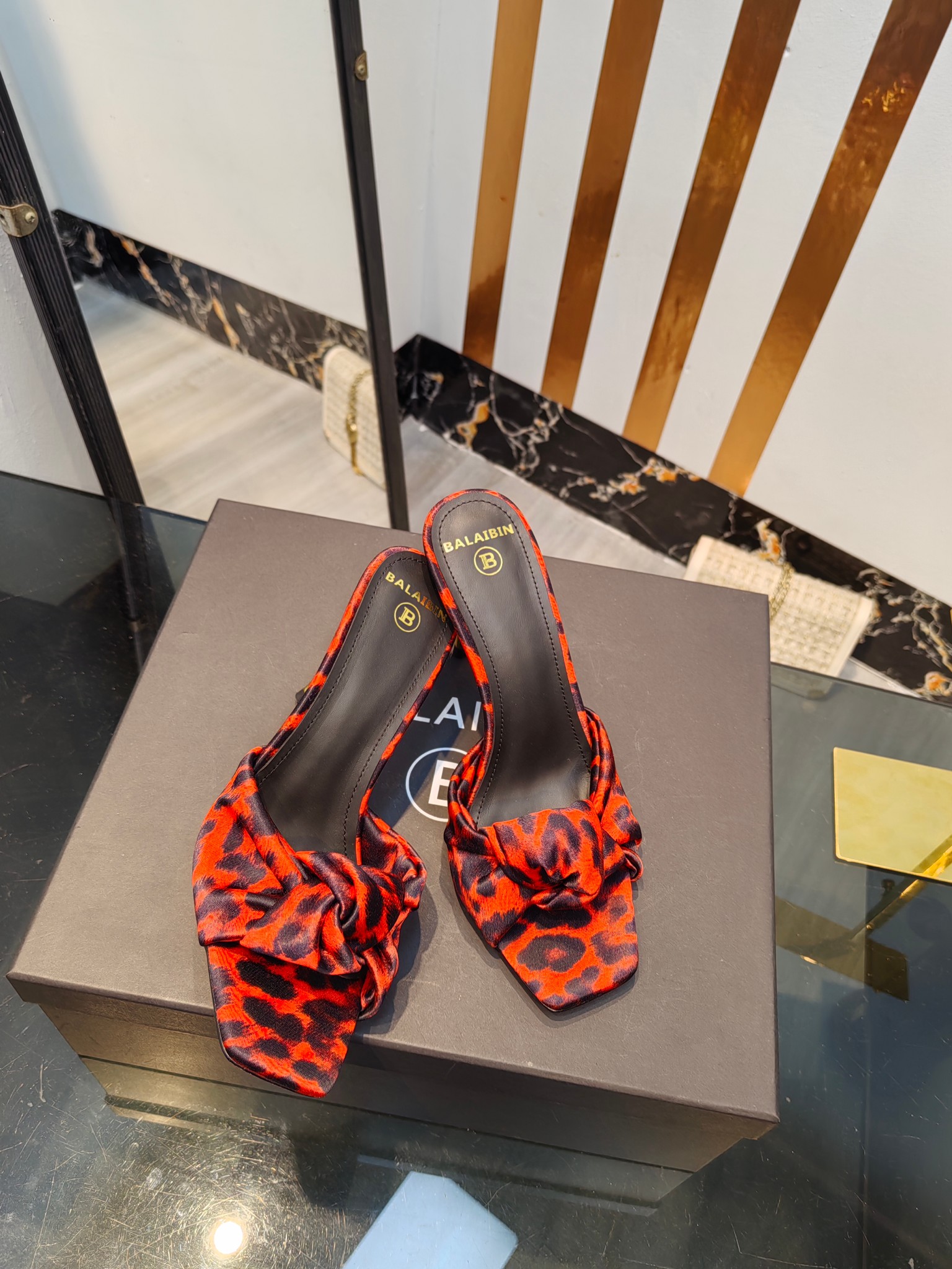 Balmain Square-Toed Leopard Print High-Heeled Slippers