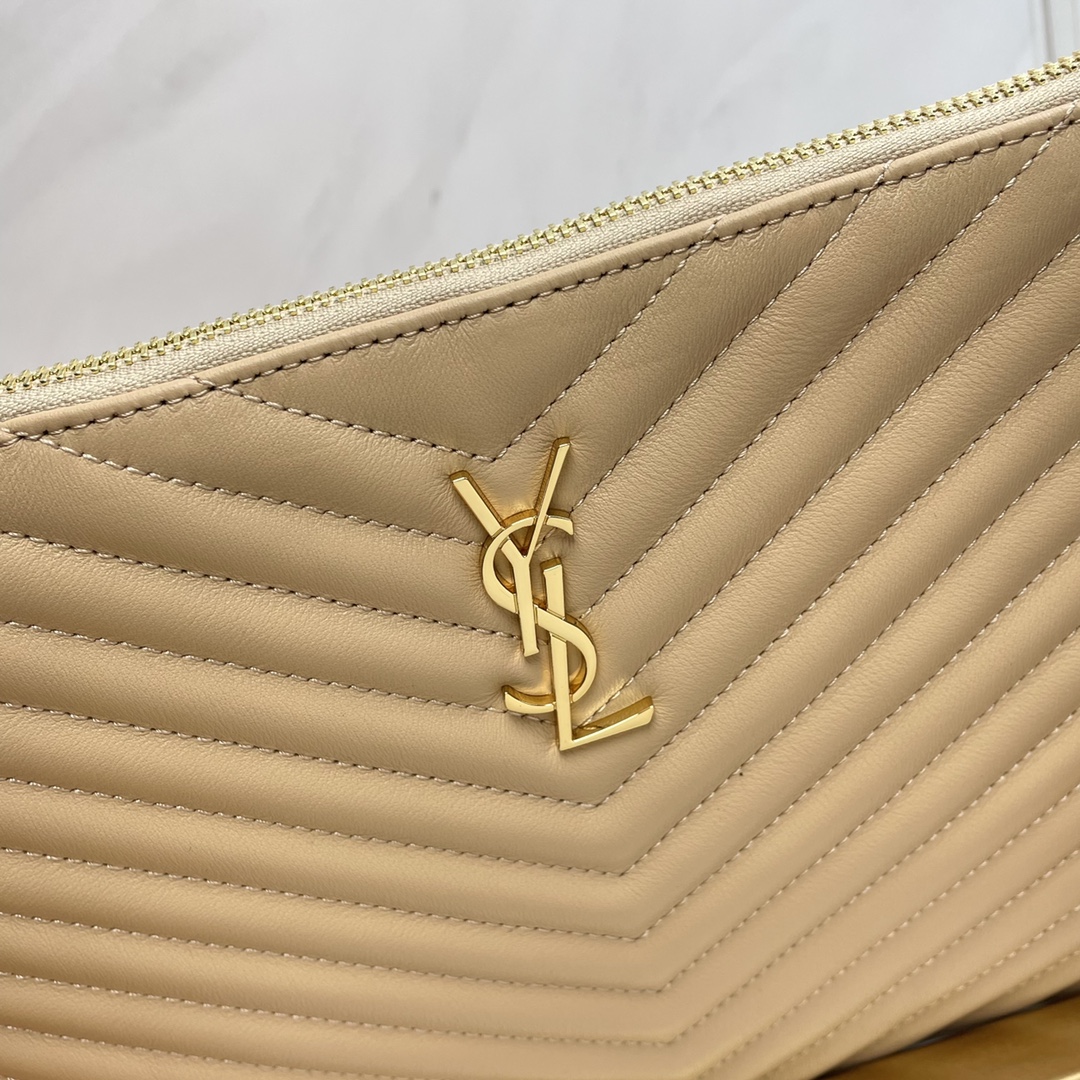 SAINT LAURENT Beige-Brown Twill Leather Clutch Bag