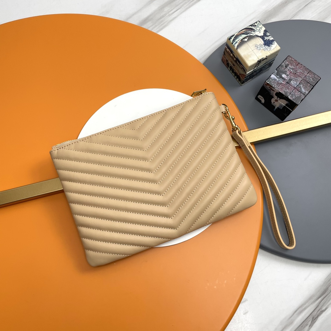 SAINT LAURENT Beige-Brown Twill Leather Clutch Bag