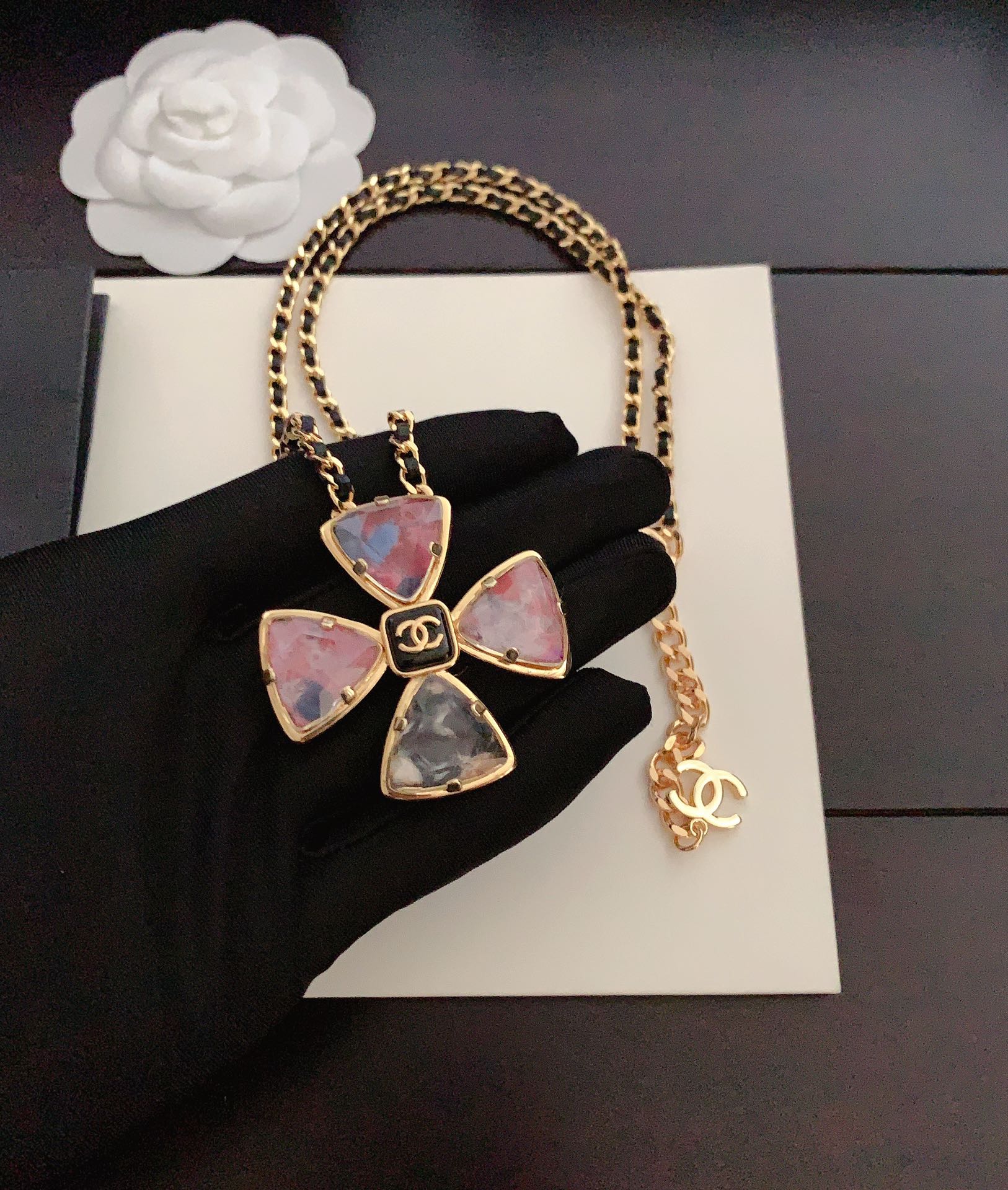 Chanel Resin Black Leather Petal Necklace