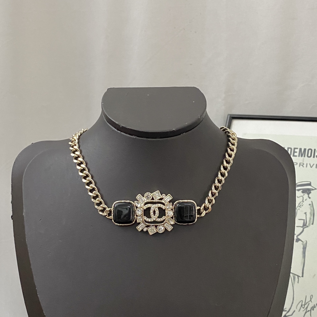 Chanel Black enamel rhinestone choker necklace