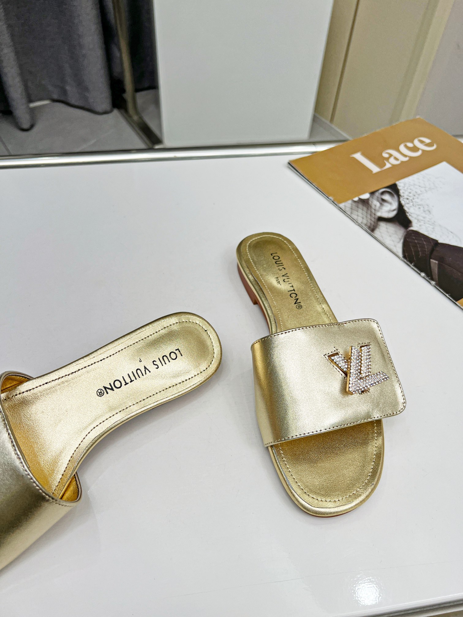 LV Gold Flat Soft Leather Slippers