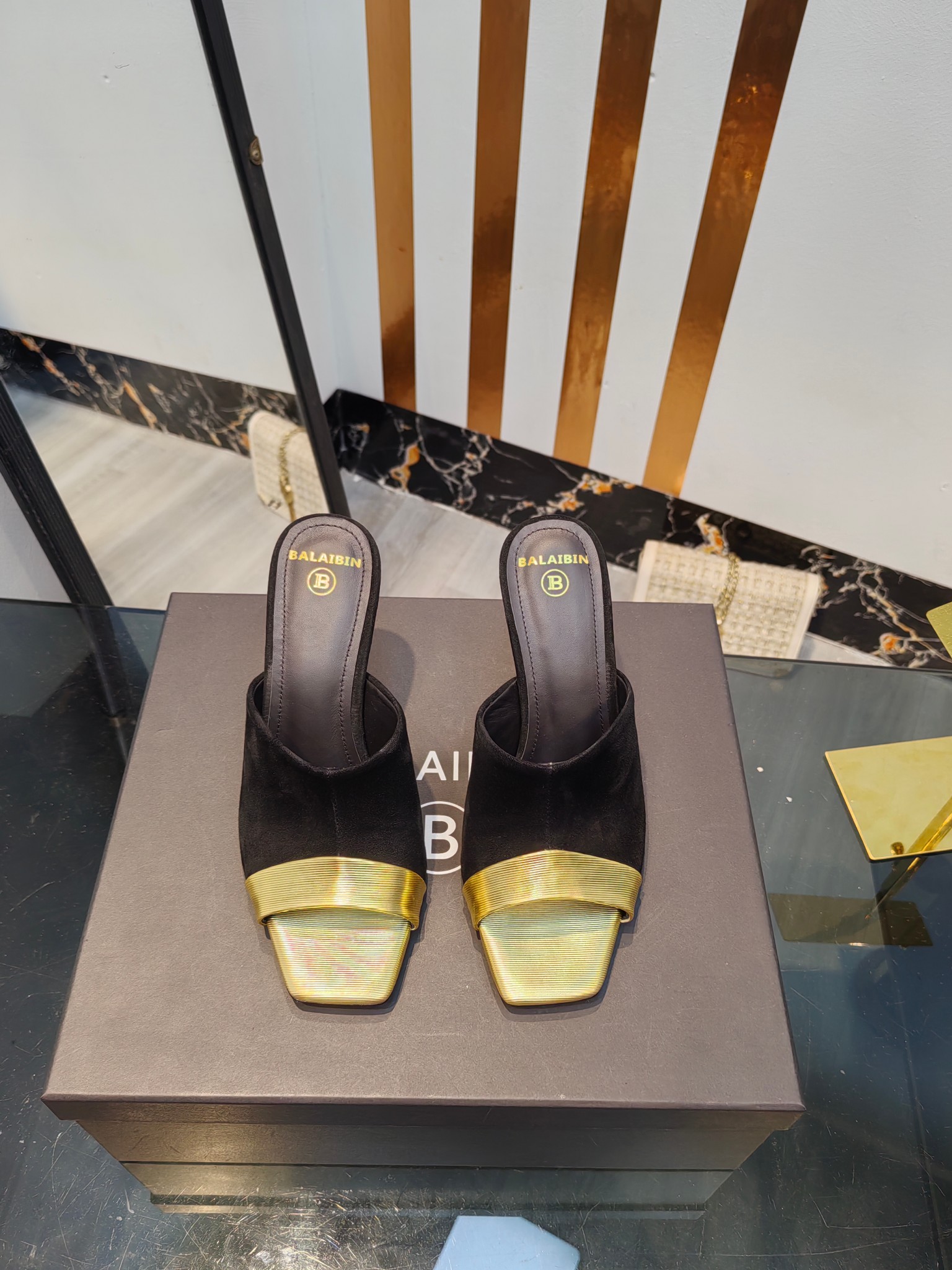 Balmain Square-Toed High-Heeled Slippers