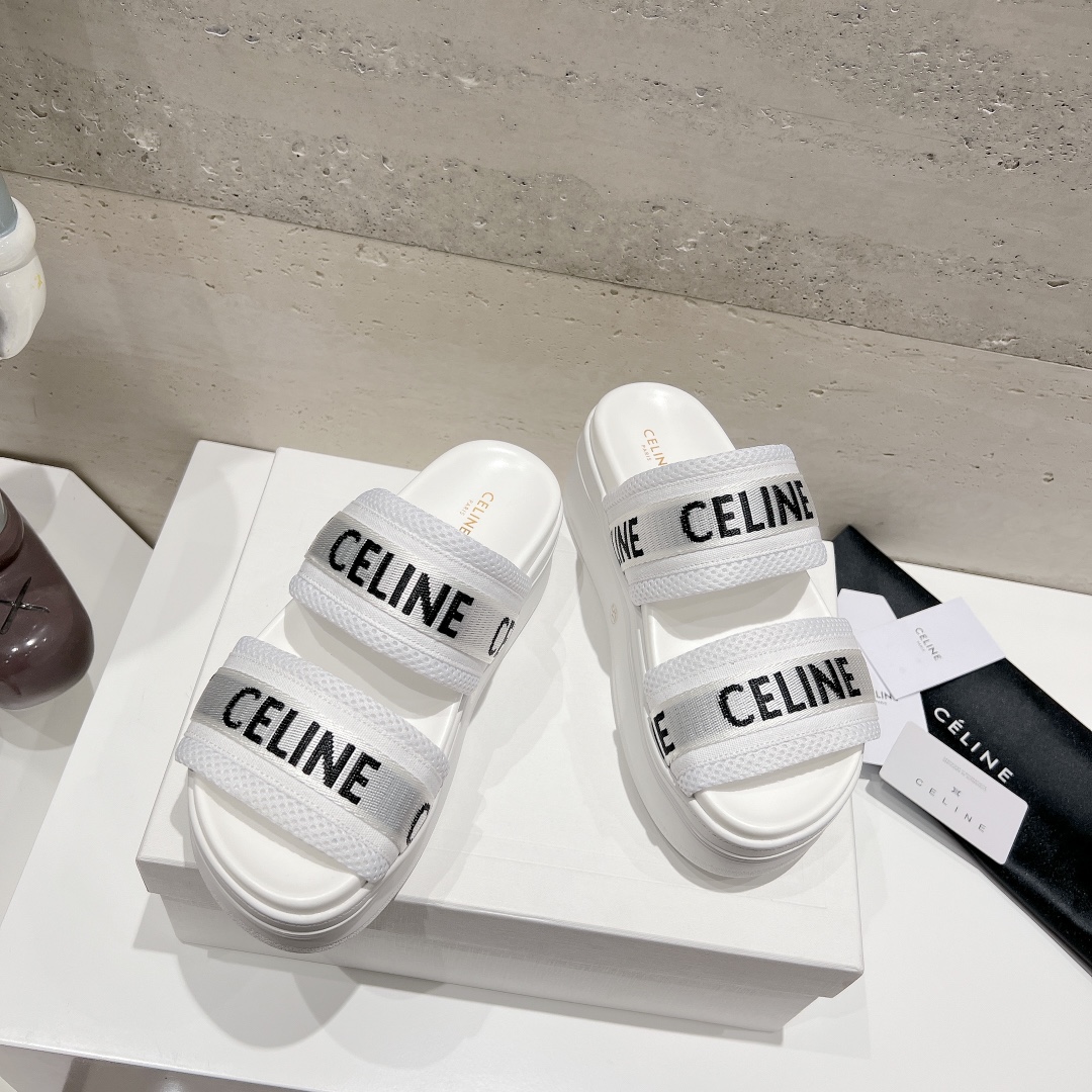 CELINE White Platform Slippers