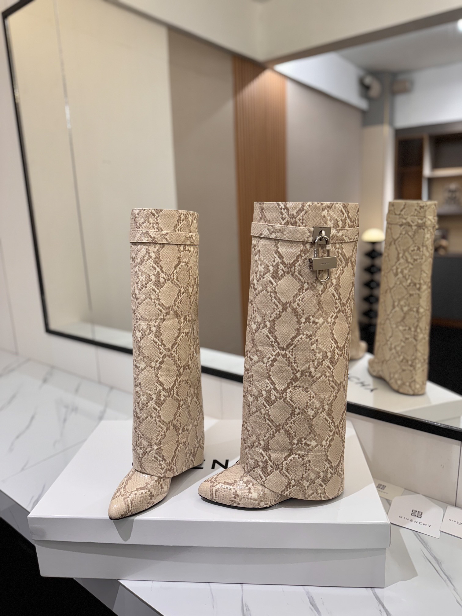 Givenchy Leather Snake Print Buckle Over-the-Knee Boots