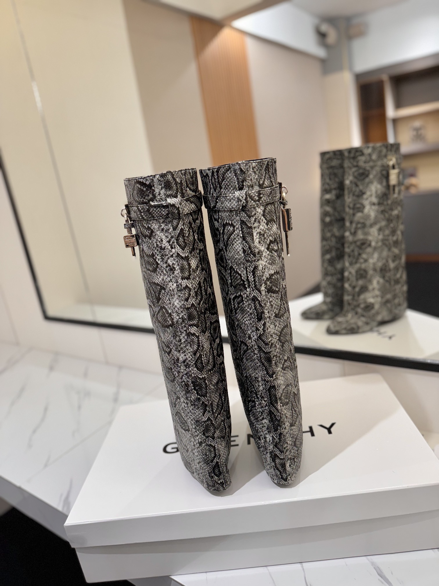 Givenchy Leather Snake Print Buckle Over-the-Knee Boots