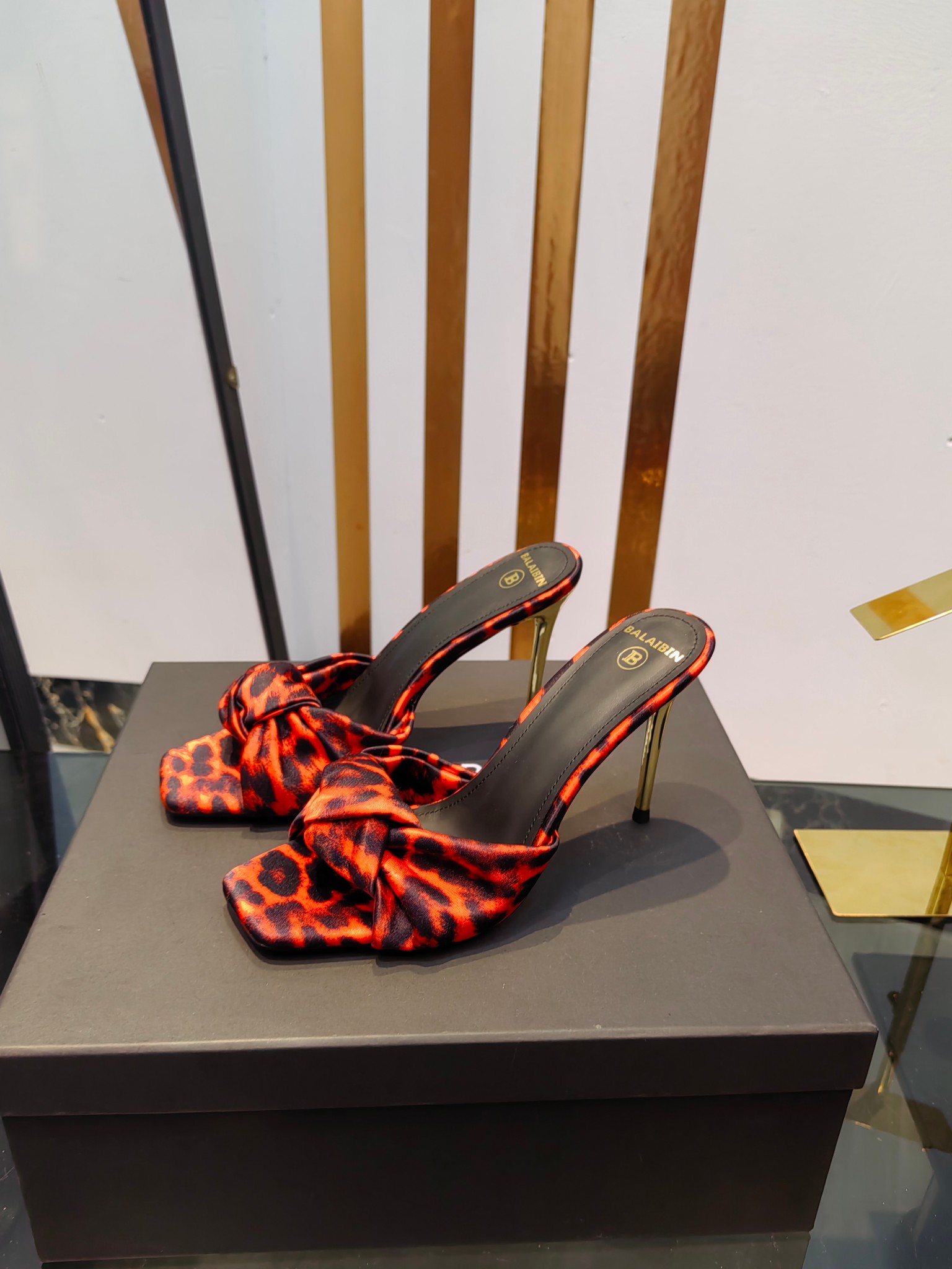 Balmain Square-Toed Leopard Print High-Heeled Slippers