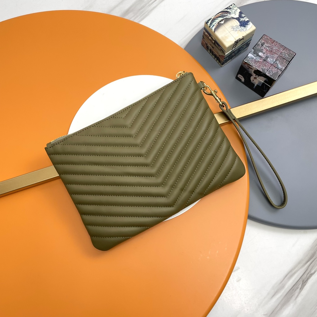 SAINT LAURENT Clutch Bag in Green Twill Leather