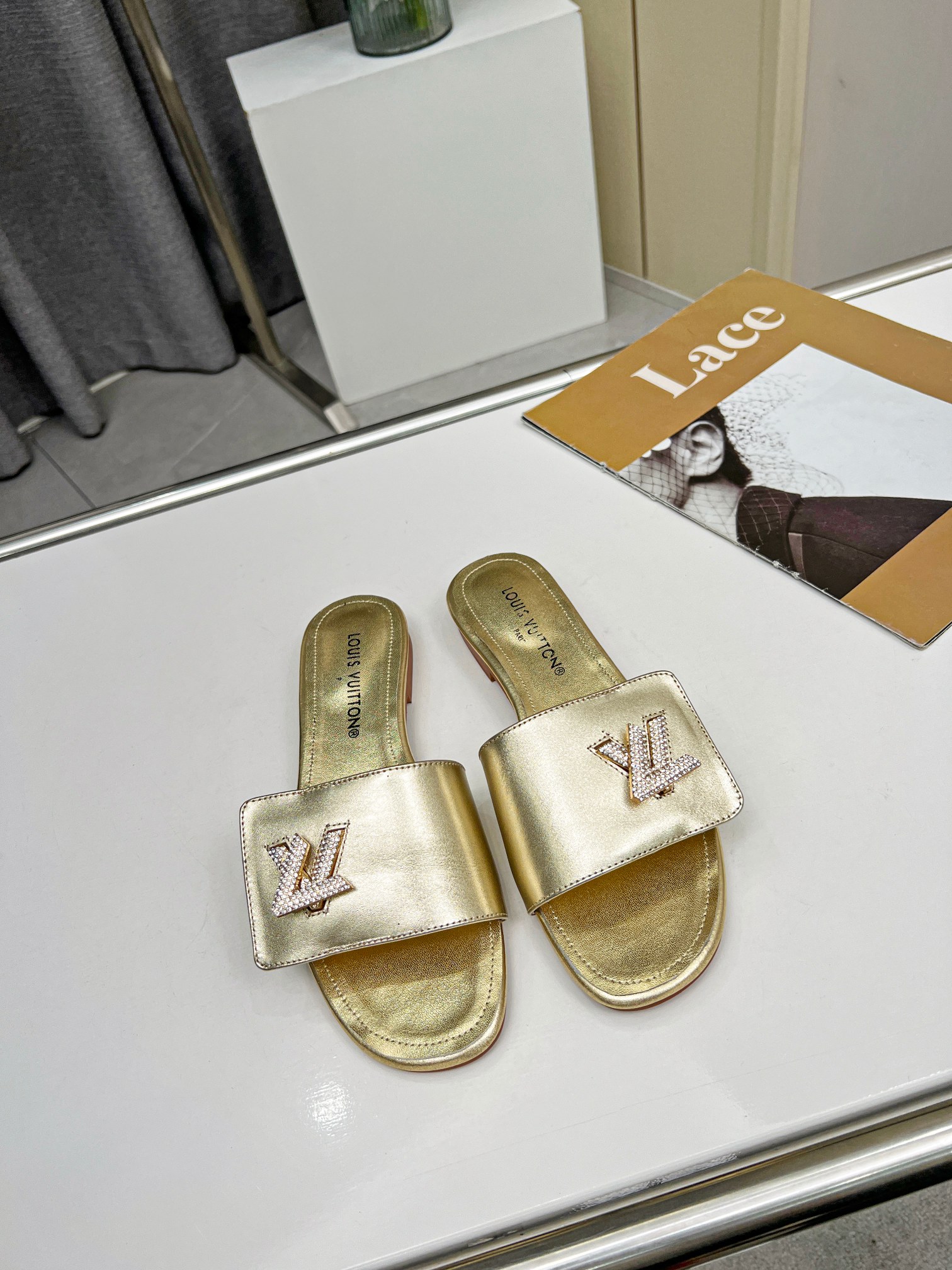 LV Gold Flat Soft Leather Slippers