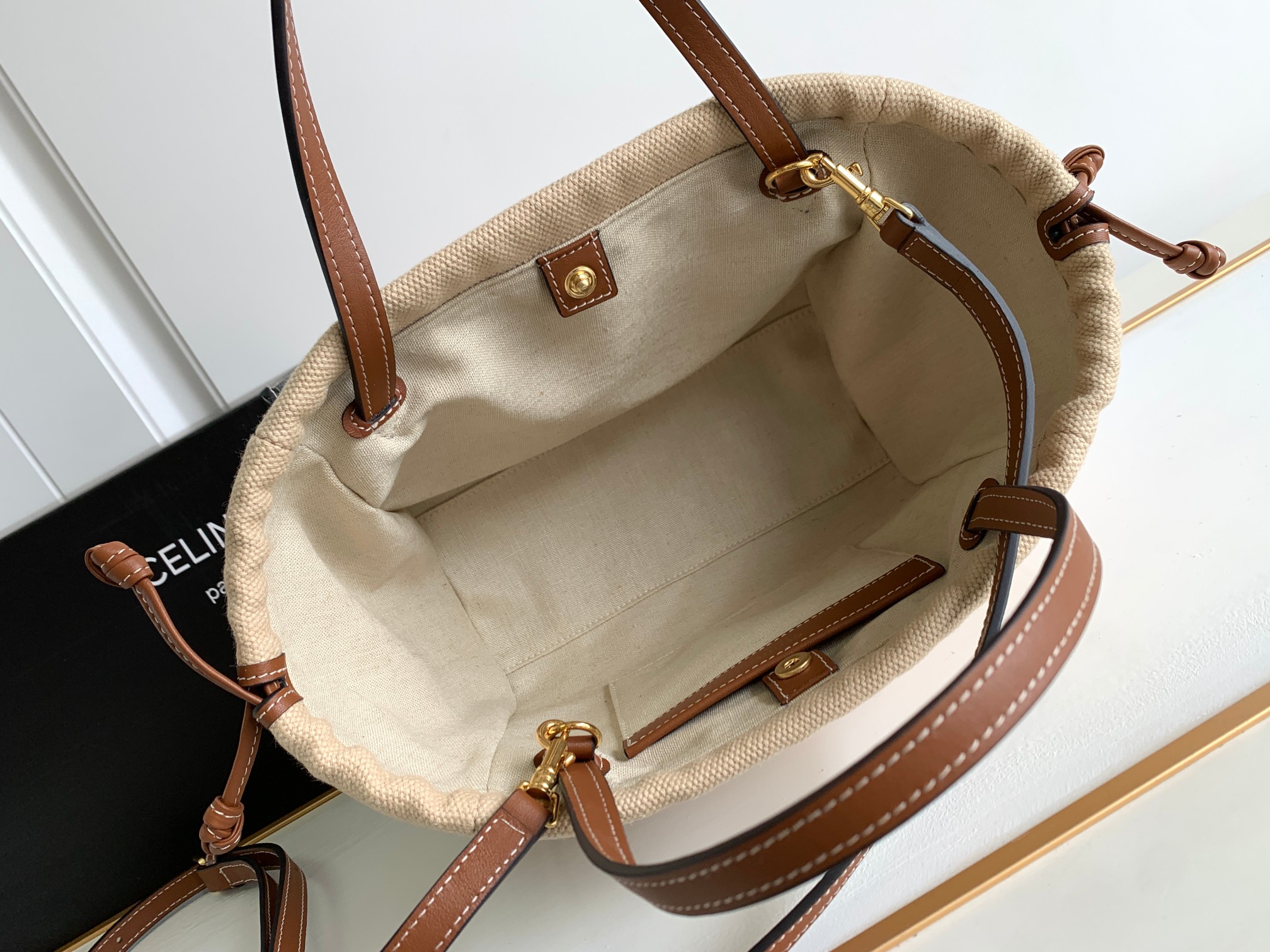 Celine Fabric-Lined Cow Leather Tote Bag