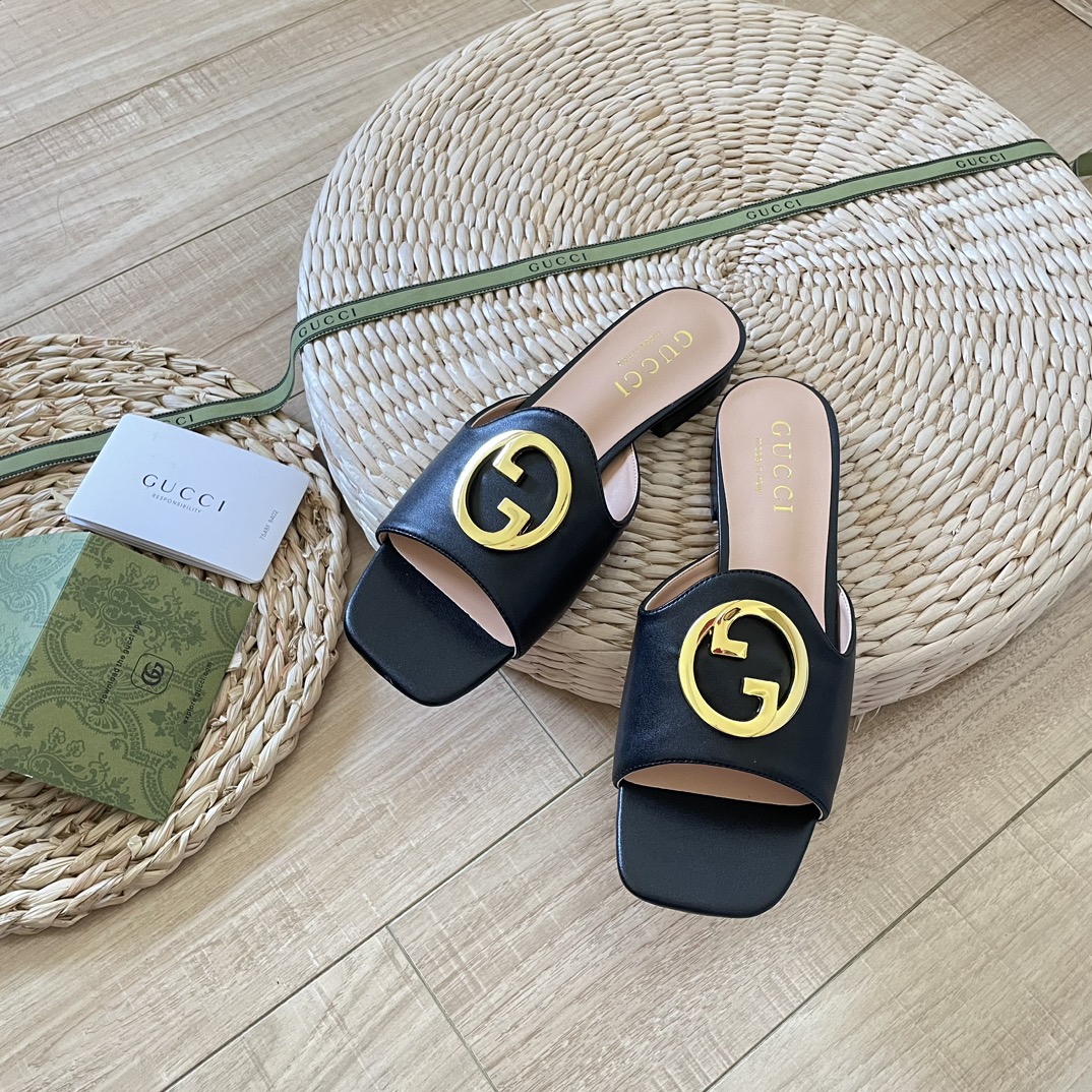 GUCCIOriginal big brand luxury goods 1:1 high-end quality top qualityGucci new buckle round G slippers/sandals