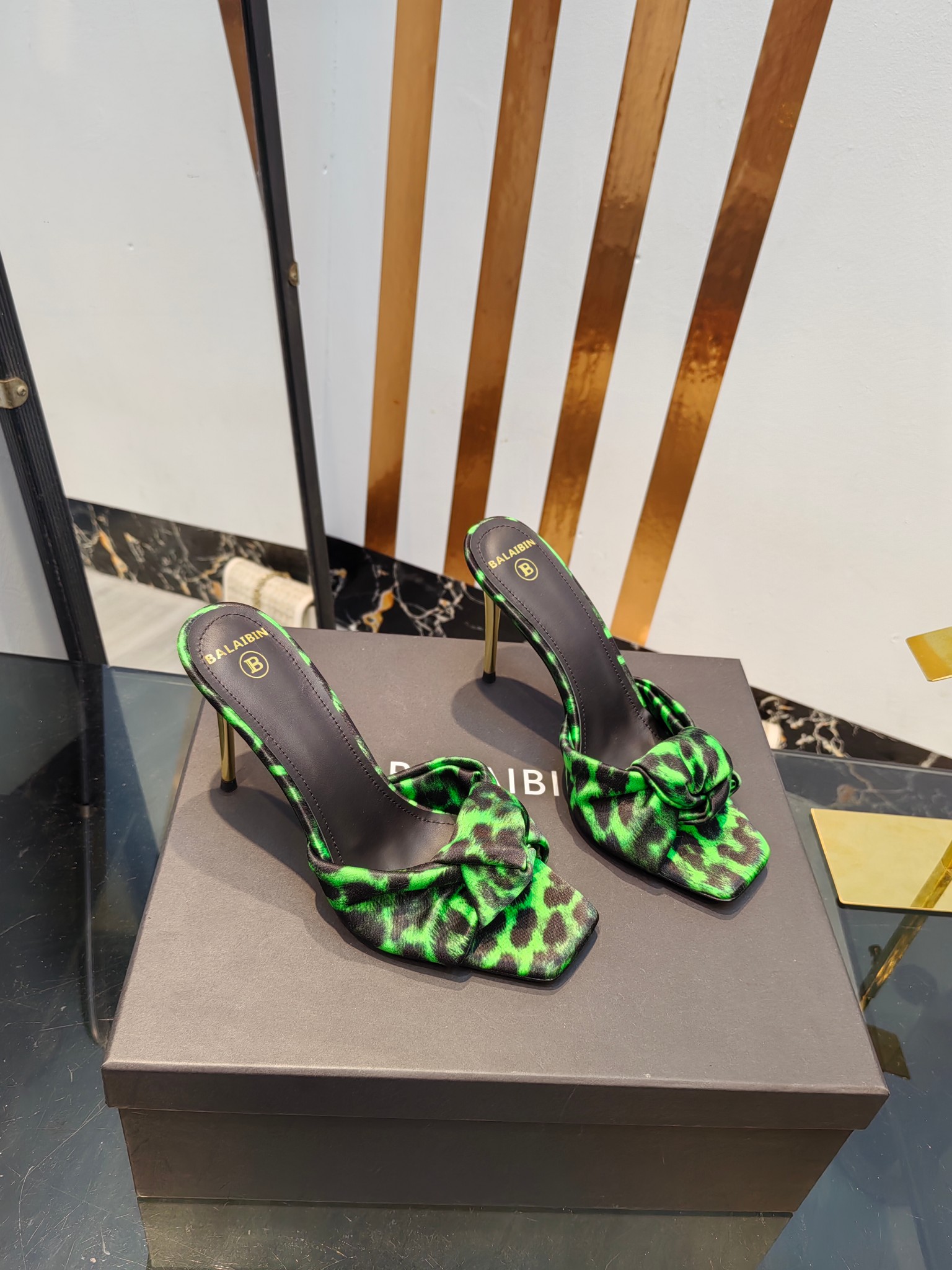 Balmain Square-Toed Leopard Print High-Heeled Slippers