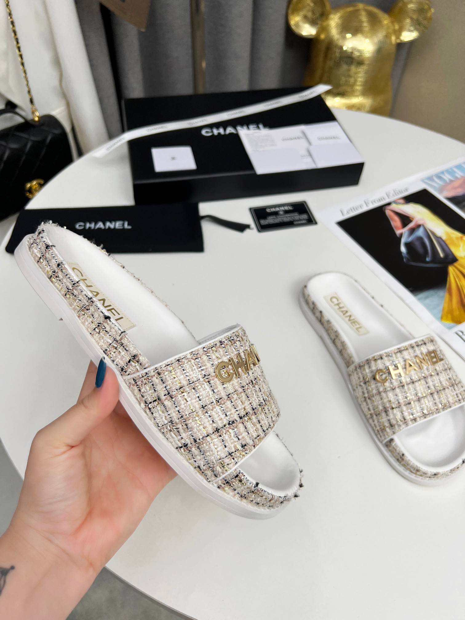 Chanel Classic Gold Wire Grid Flat Slippers