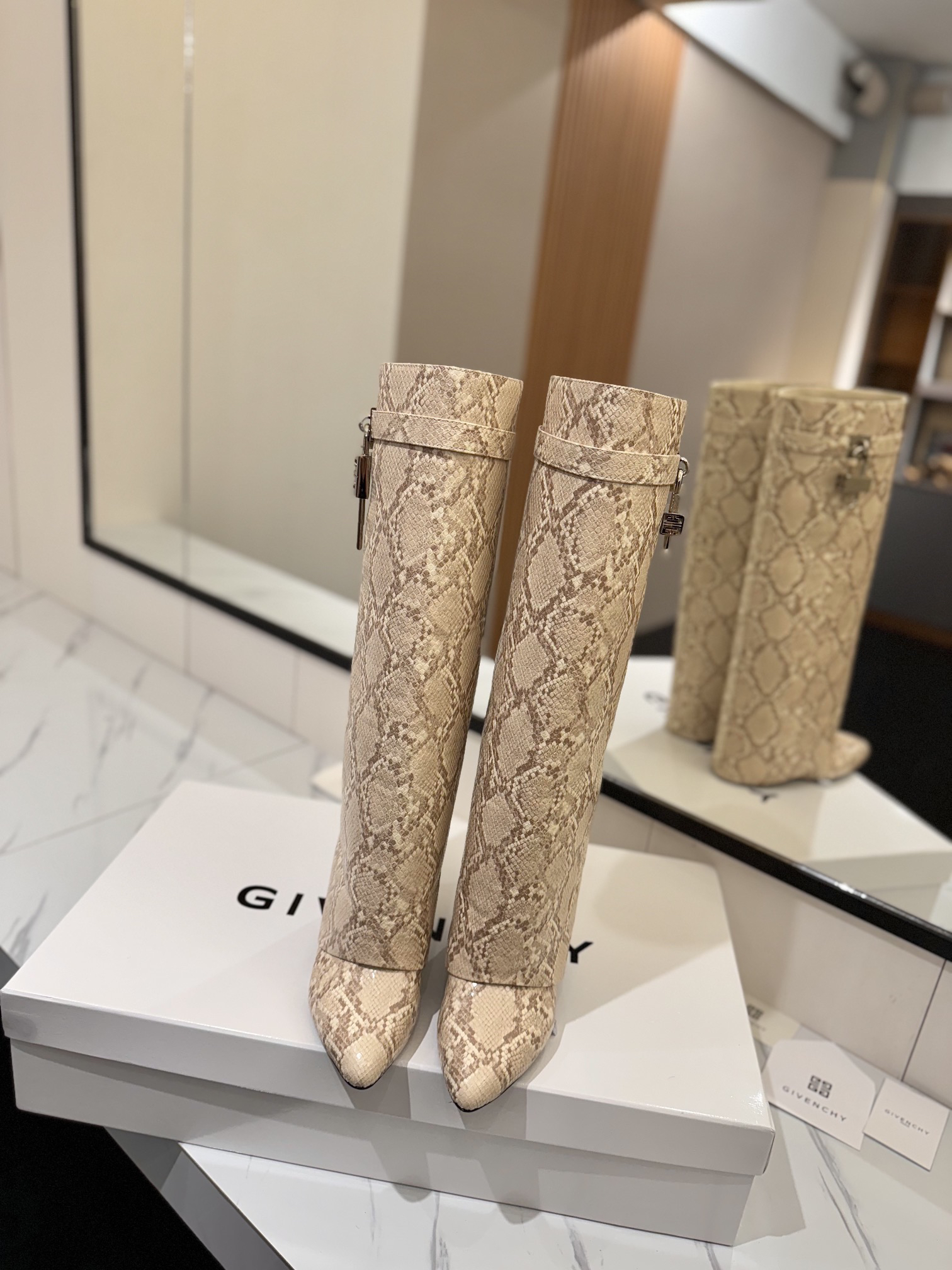 Givenchy Leather Snake Print Buckle Over-the-Knee Boots