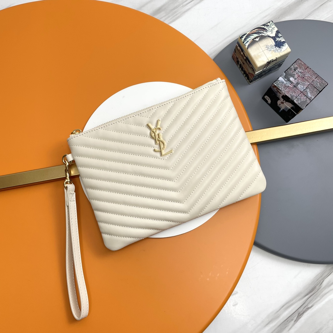 SAINT LAURENT Clutch Bag in White Twill Leather