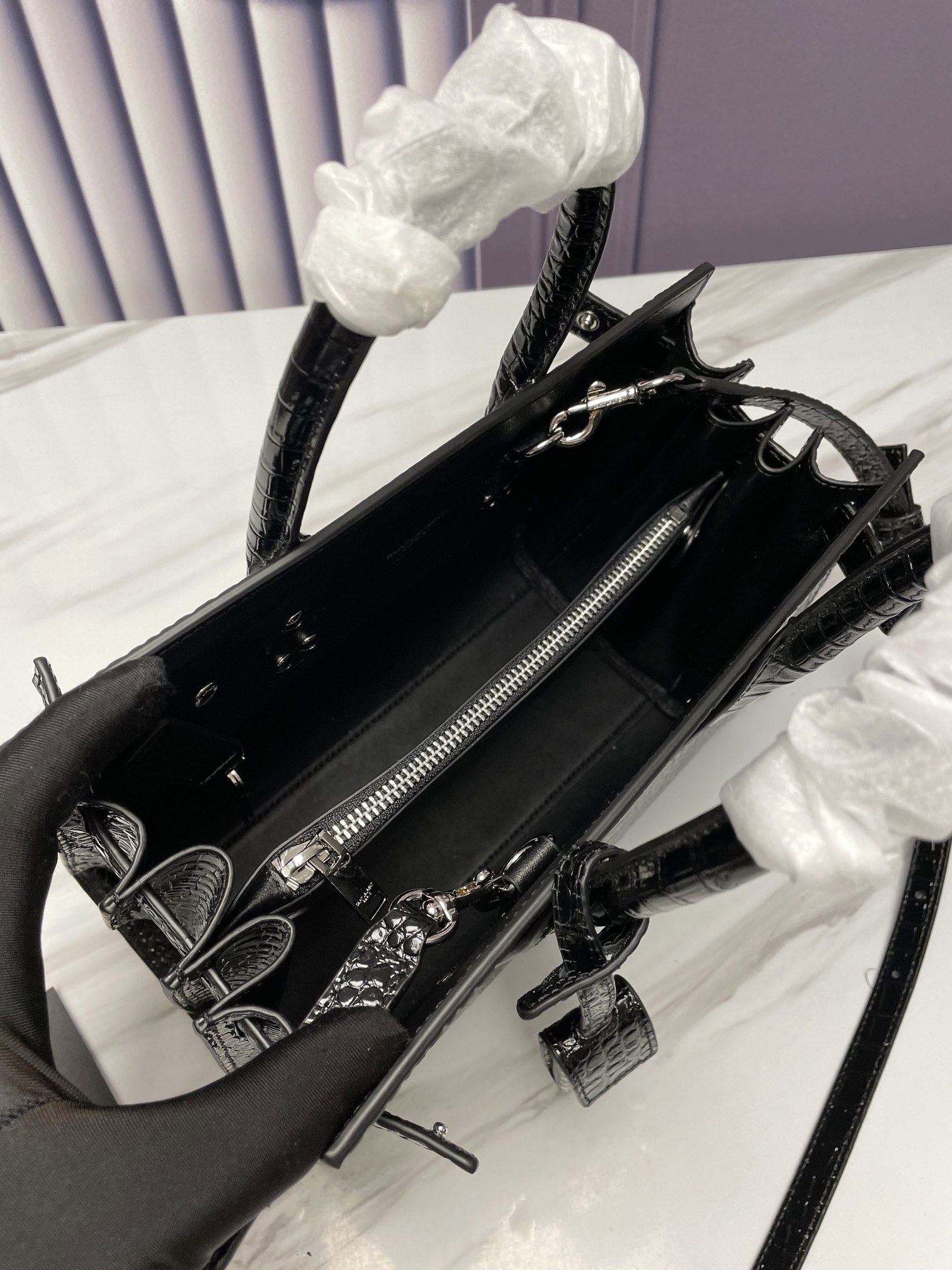 Saint Laurent Sac de Jour Crocodile-Embossed Handbag