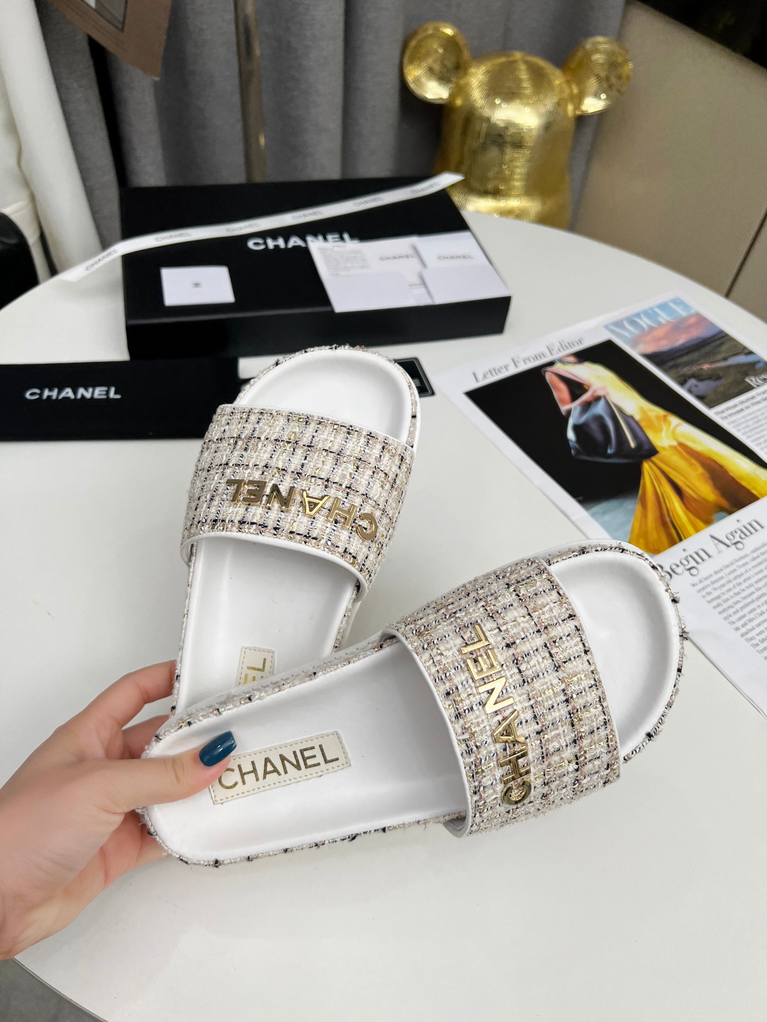 Chanel Classic Gold Wire Grid Flat Slippers