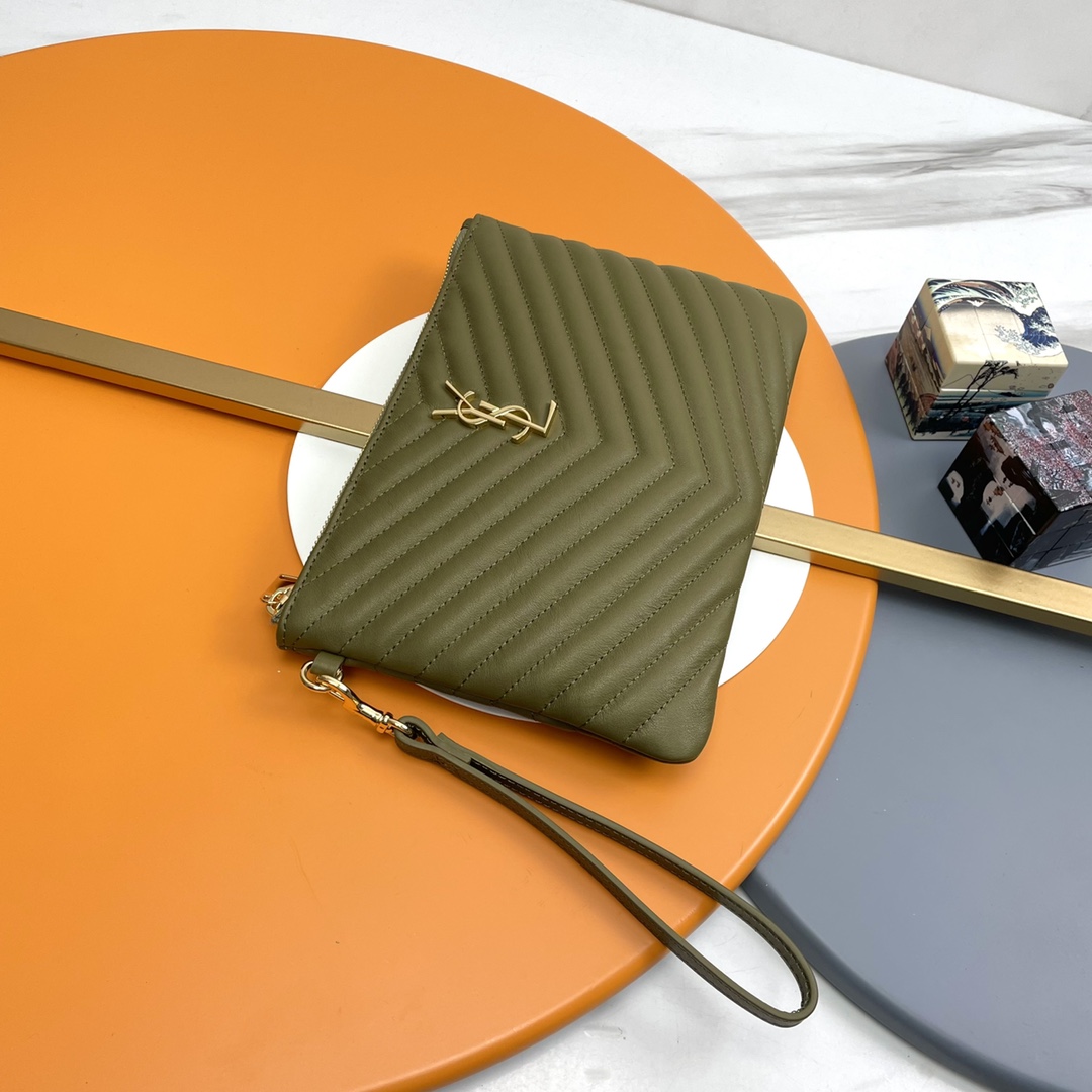 SAINT LAURENT Clutch Bag in Green Twill Leather