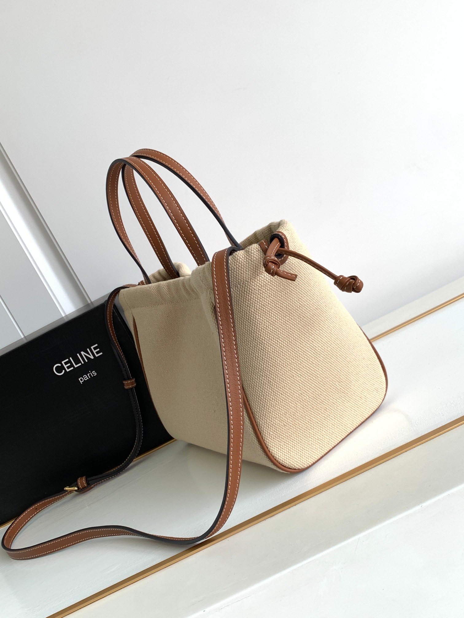 Celine Fabric-Lined Cow Leather Tote Bag