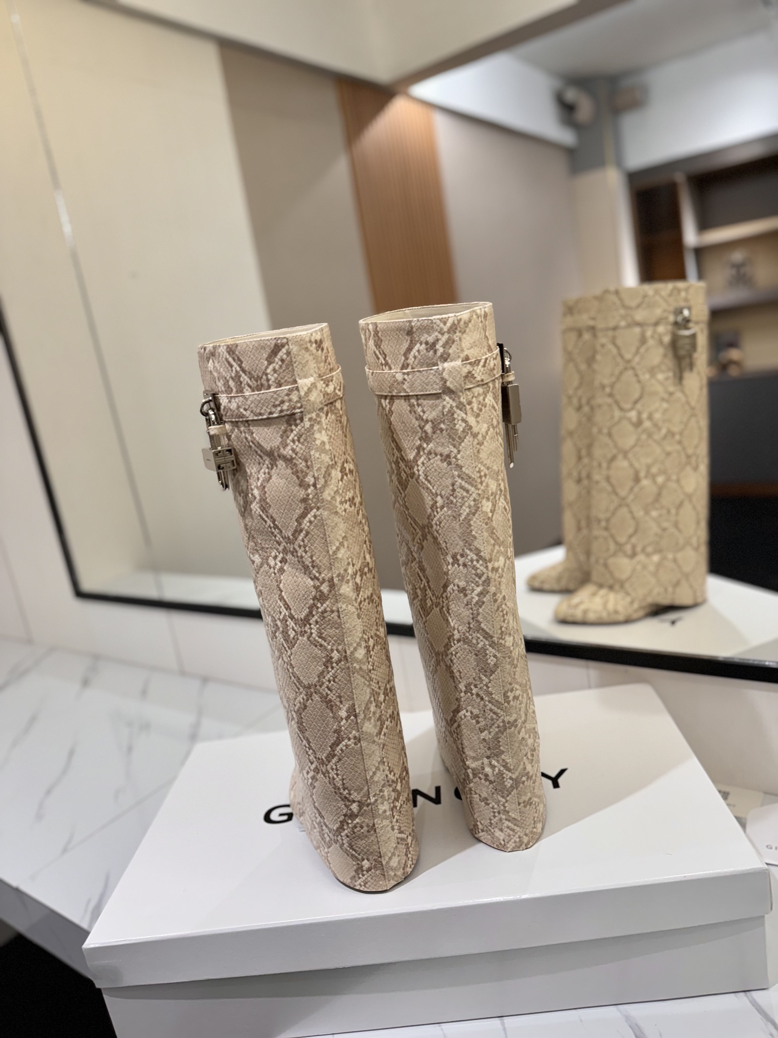 Givenchy Leather Snake Print Buckle Over-the-Knee Boots