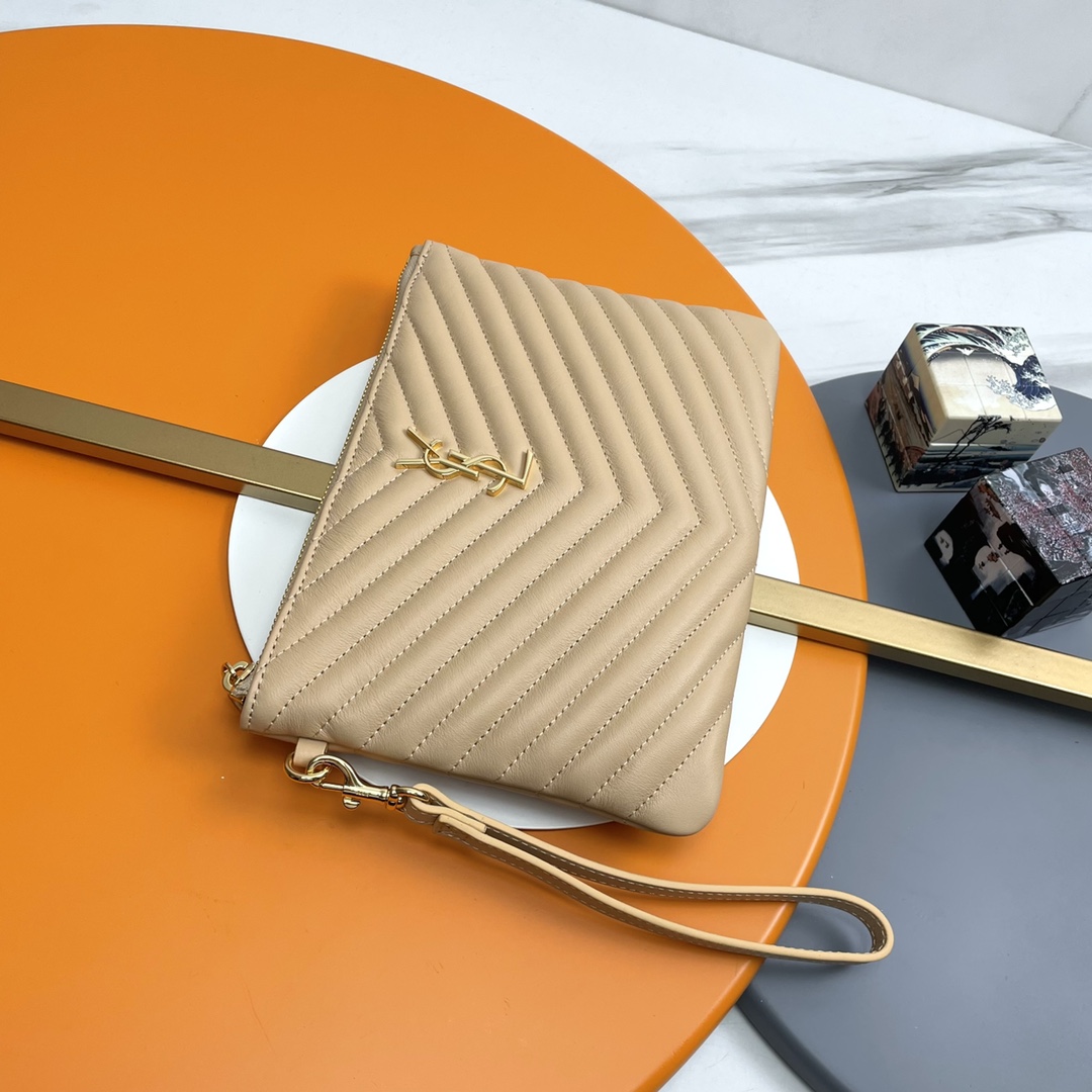 SAINT LAURENT Beige-Brown Twill Leather Clutch Bag