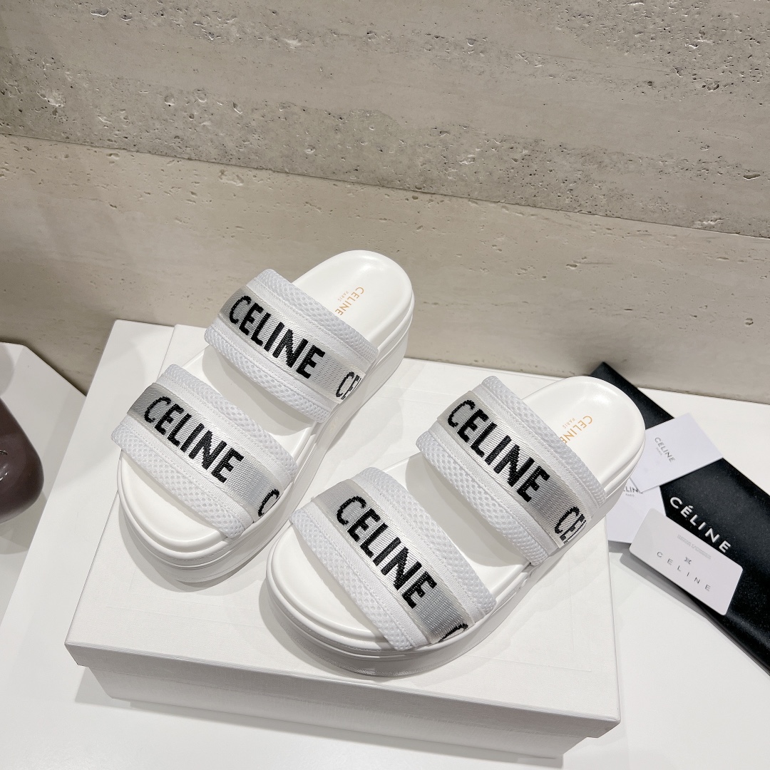 CELINE White Platform Slippers