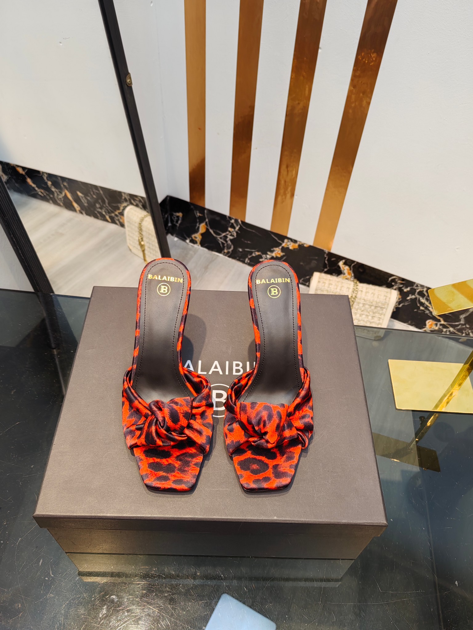 Balmain Square-Toed Leopard Print High-Heeled Slippers
