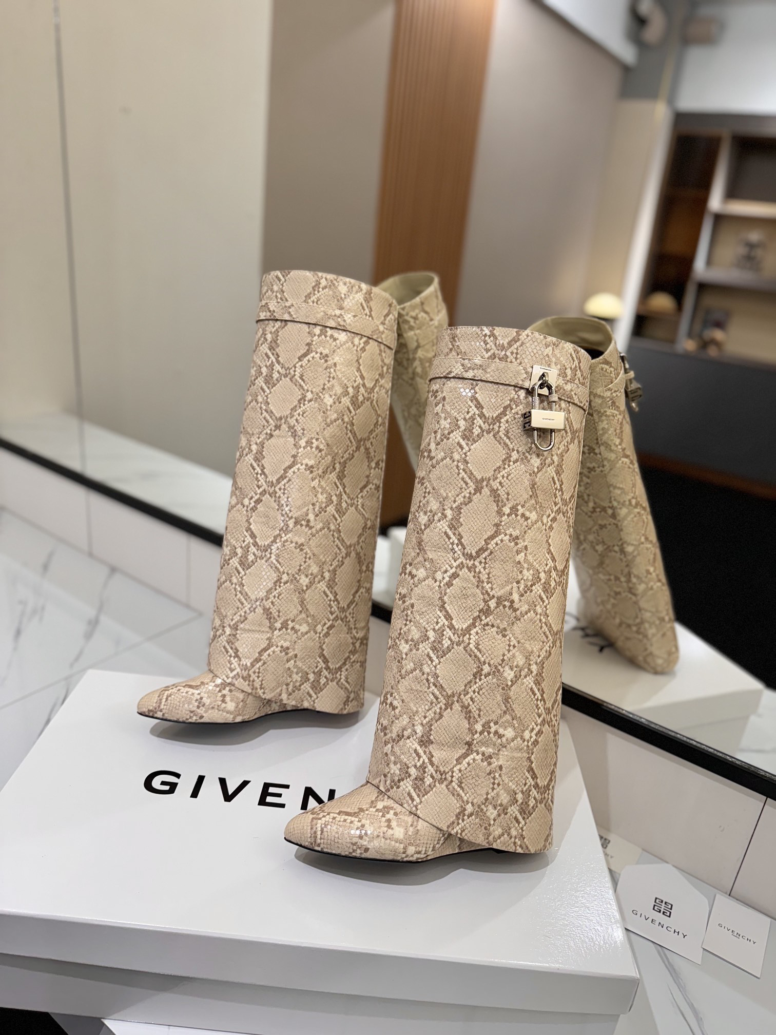 Givenchy Leather Snake Print Buckle Over-the-Knee Boots