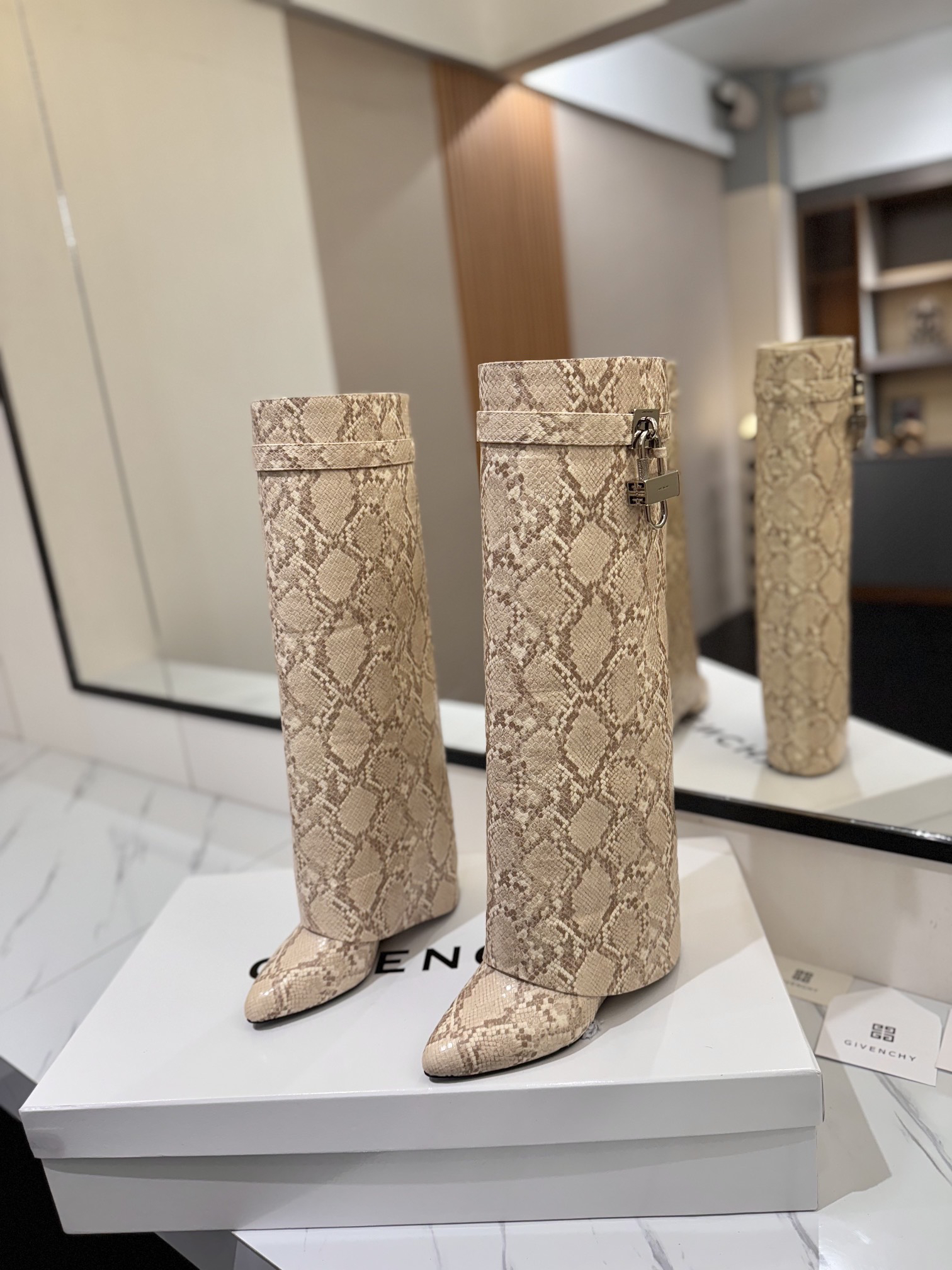 Givenchy Leather Snake Print Buckle Over-the-Knee Boots