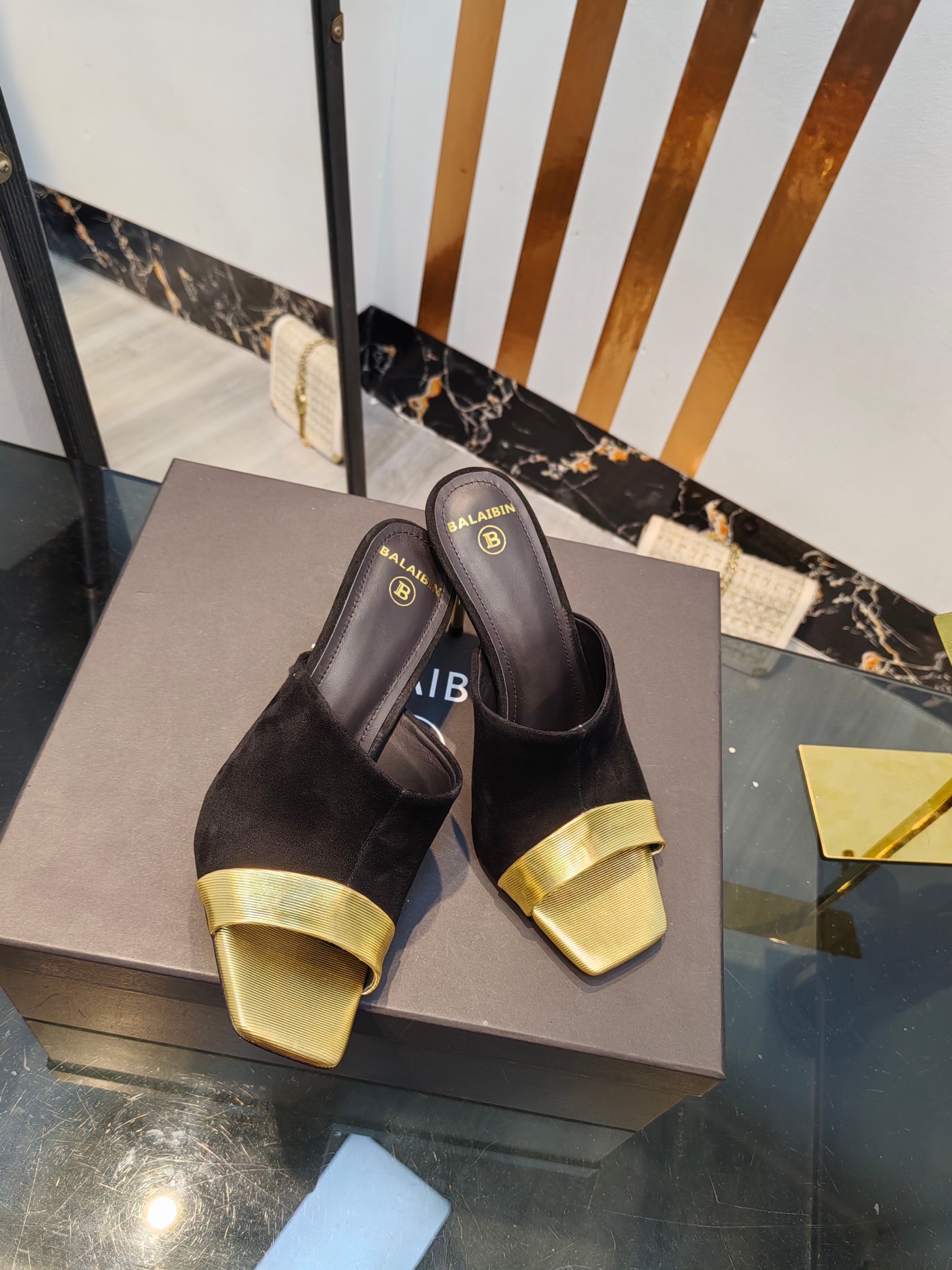 Balmain Square-Toed High-Heeled Slippers