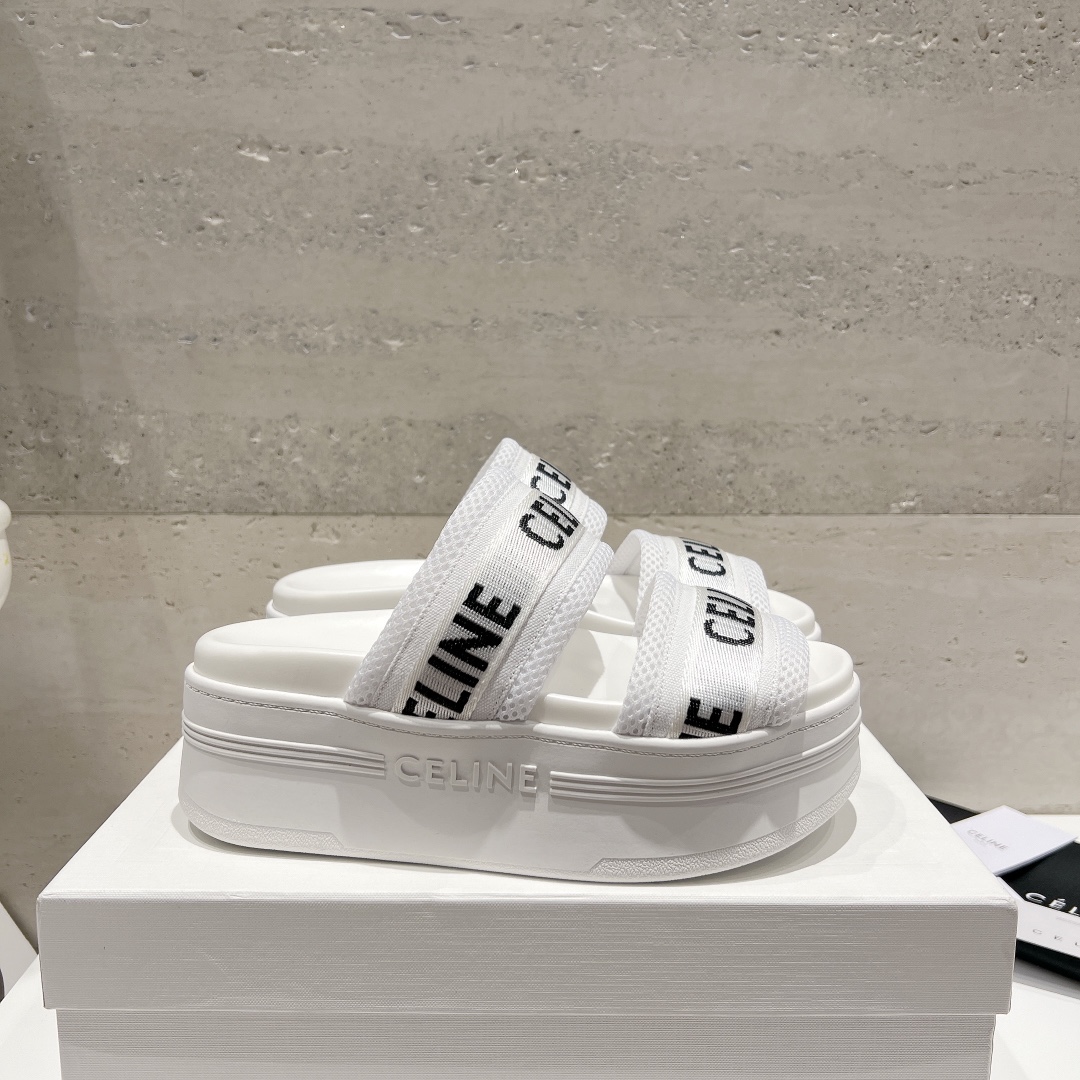 CELINE White Platform Slippers