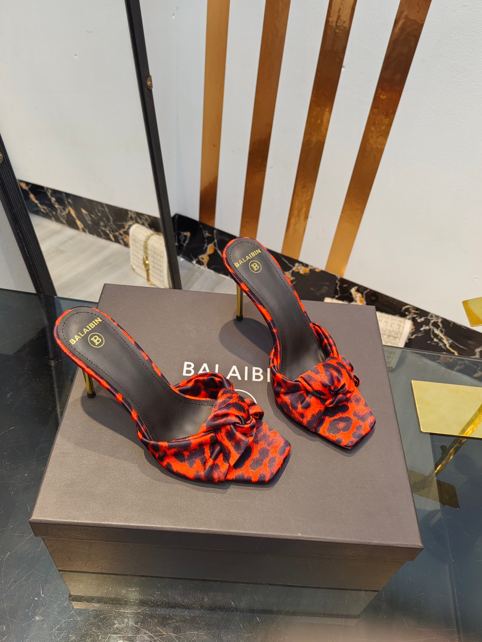 Balmain Square-Toed Leopard Print High-Heeled Slippers