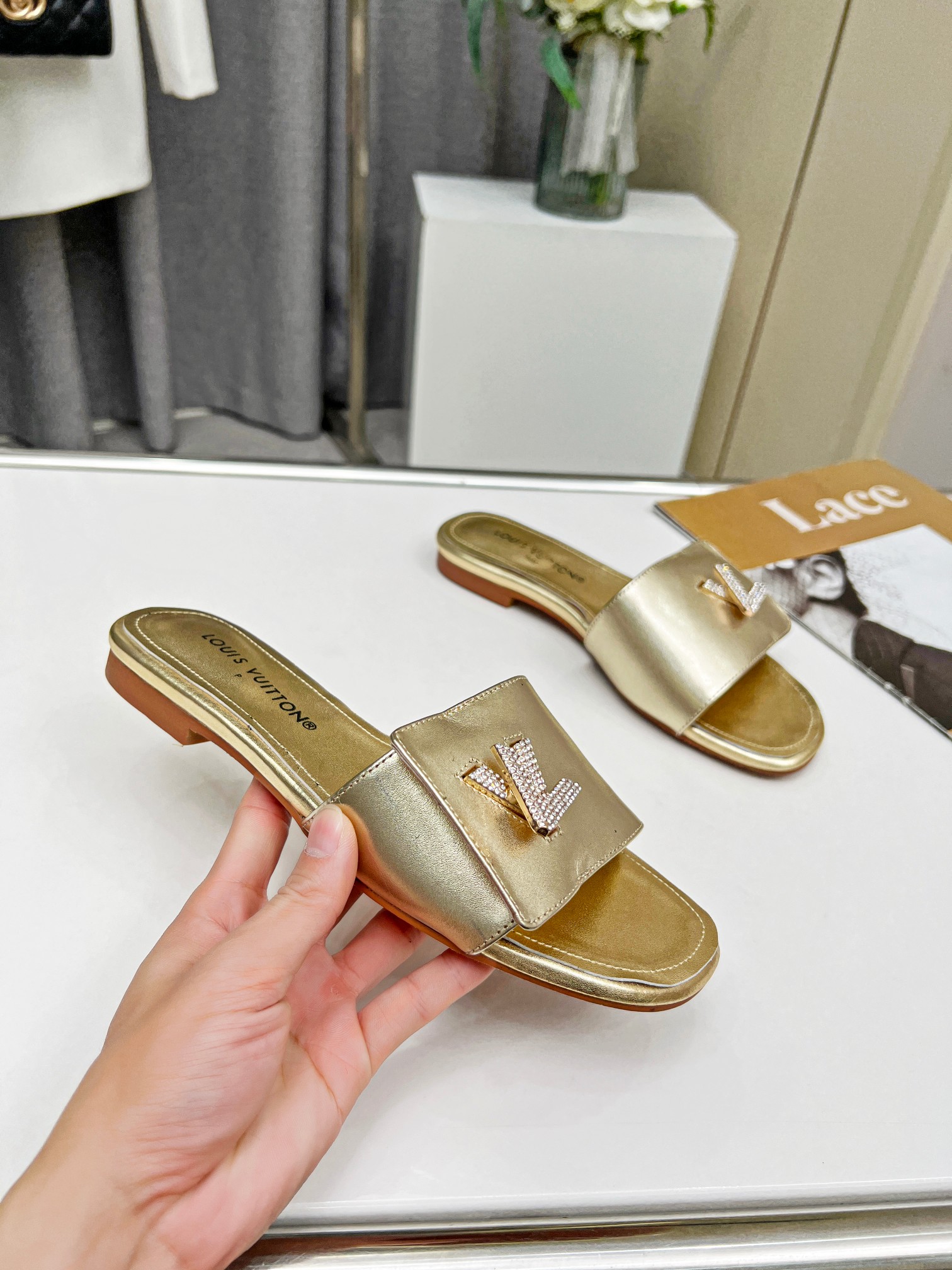 LV Gold Flat Soft Leather Slippers