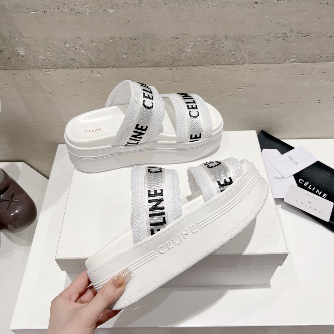 CELINE White Platform Slippers