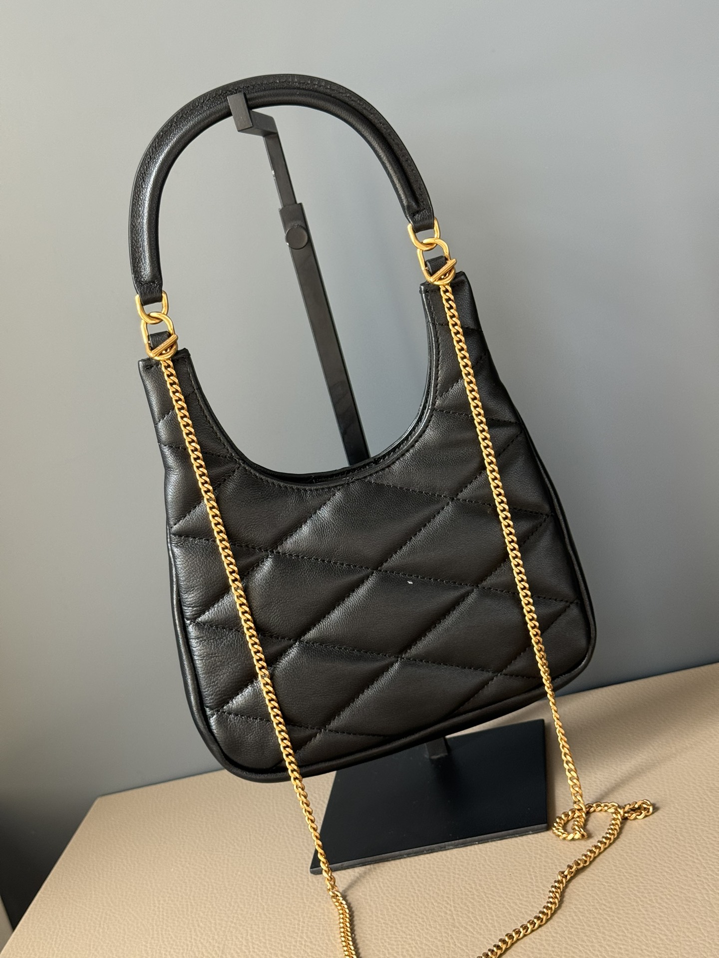 Saint Laurent LECASSANDRE Small Black Lambskin Diamond-Quilted HOBO Handbag
