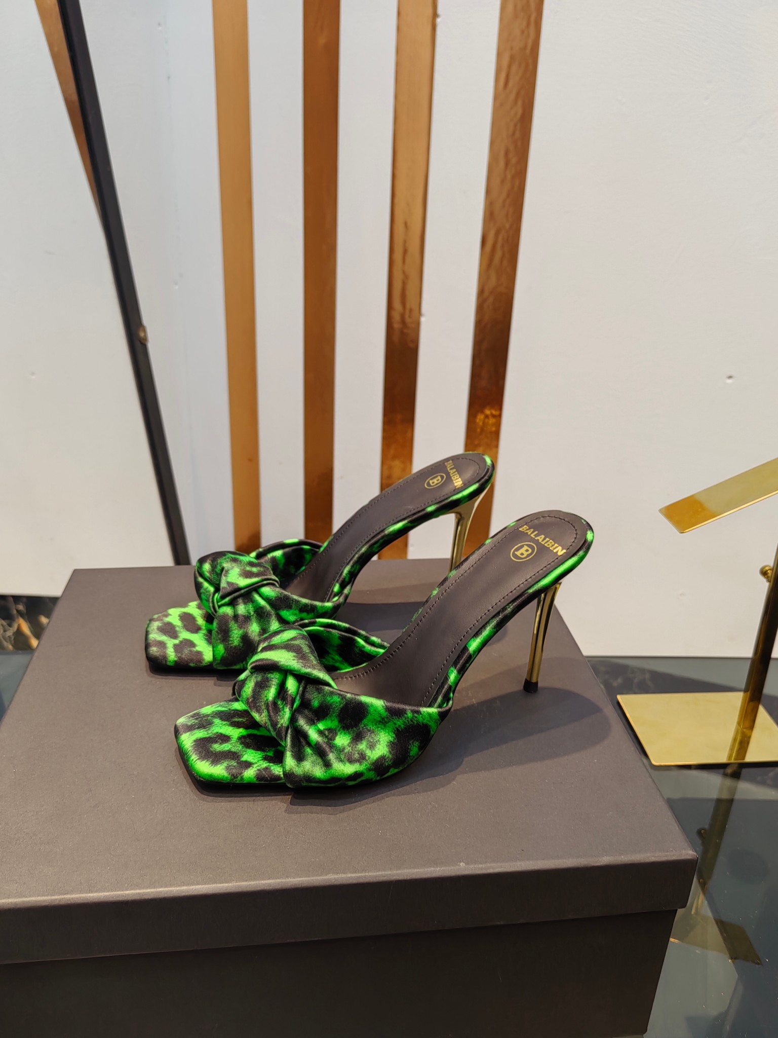 Balmain Square-Toed Leopard Print High-Heeled Slippers