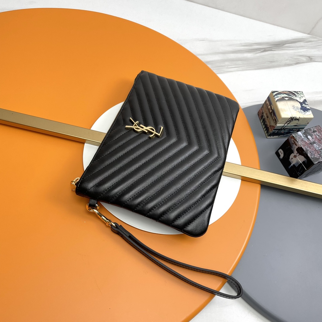 SAINT LAURENT Black Twill Leather Clutch Bag