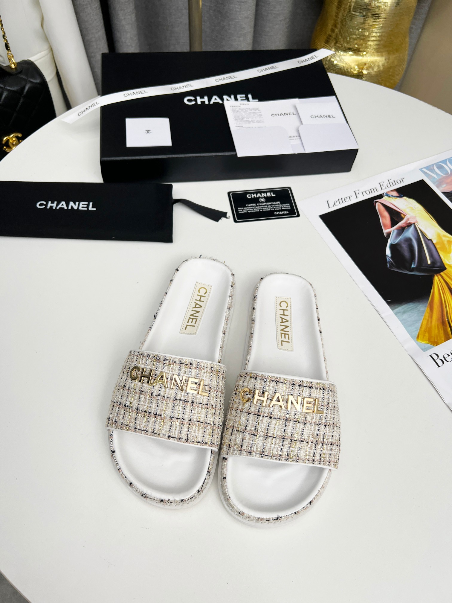 Chanel Classic Gold Wire Grid Flat Slippers