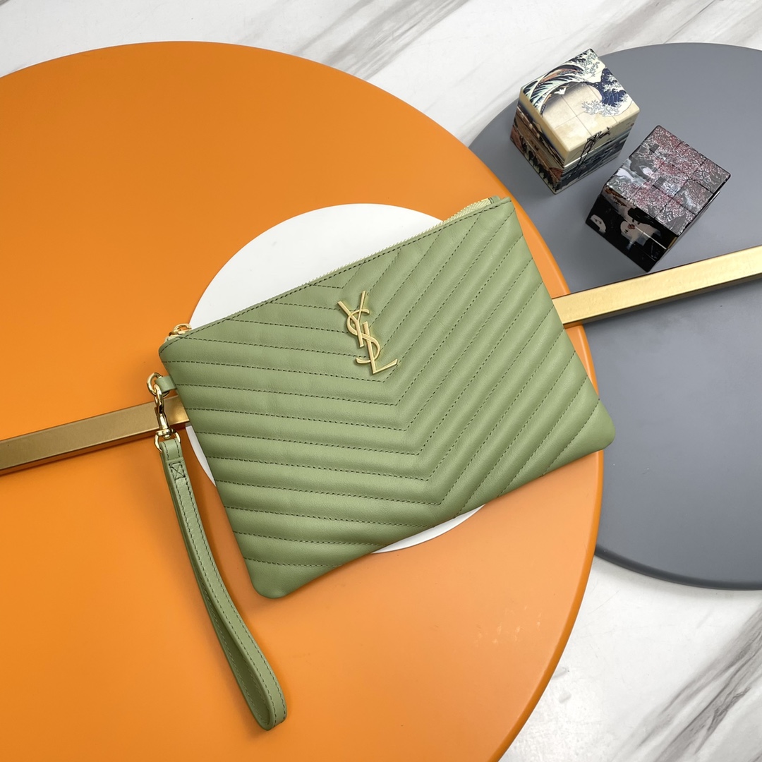 SAINT LAURENT Clutch Bag in Light green Twill Leather