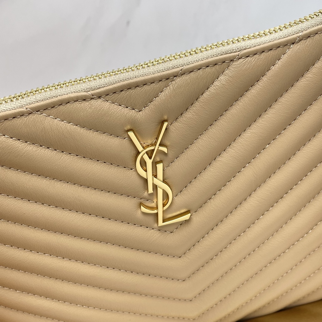 SAINT LAURENT Beige-Brown Twill Leather Clutch Bag