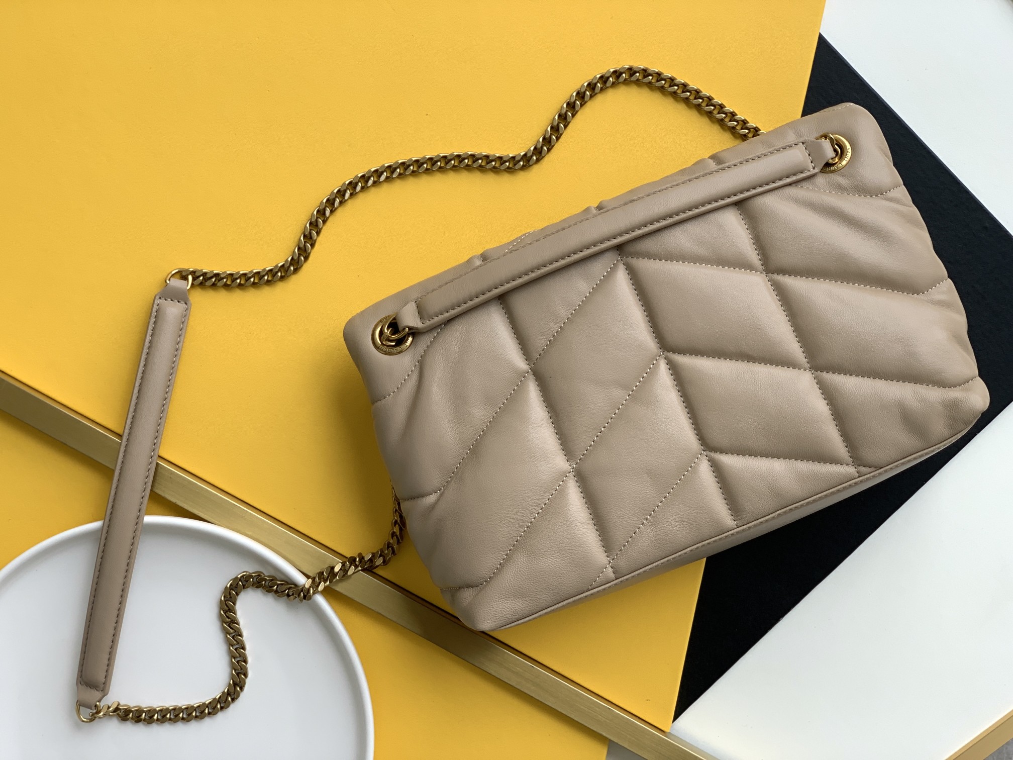 Saint Laurent Checkerboard Pattern Crossbody/Shoulder Chain Bag in  Beige-Brown