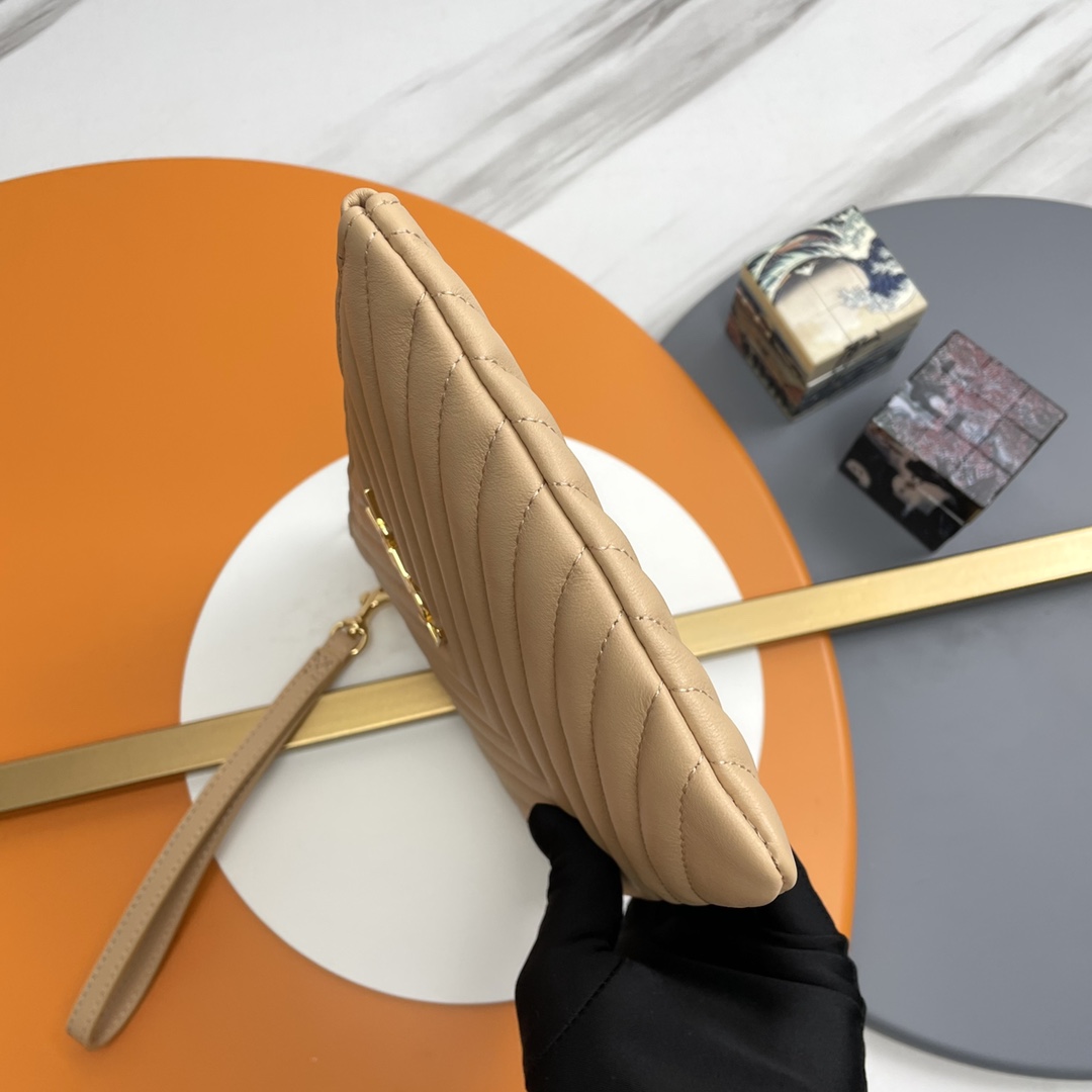 SAINT LAURENT Beige-Brown Twill Leather Clutch Bag