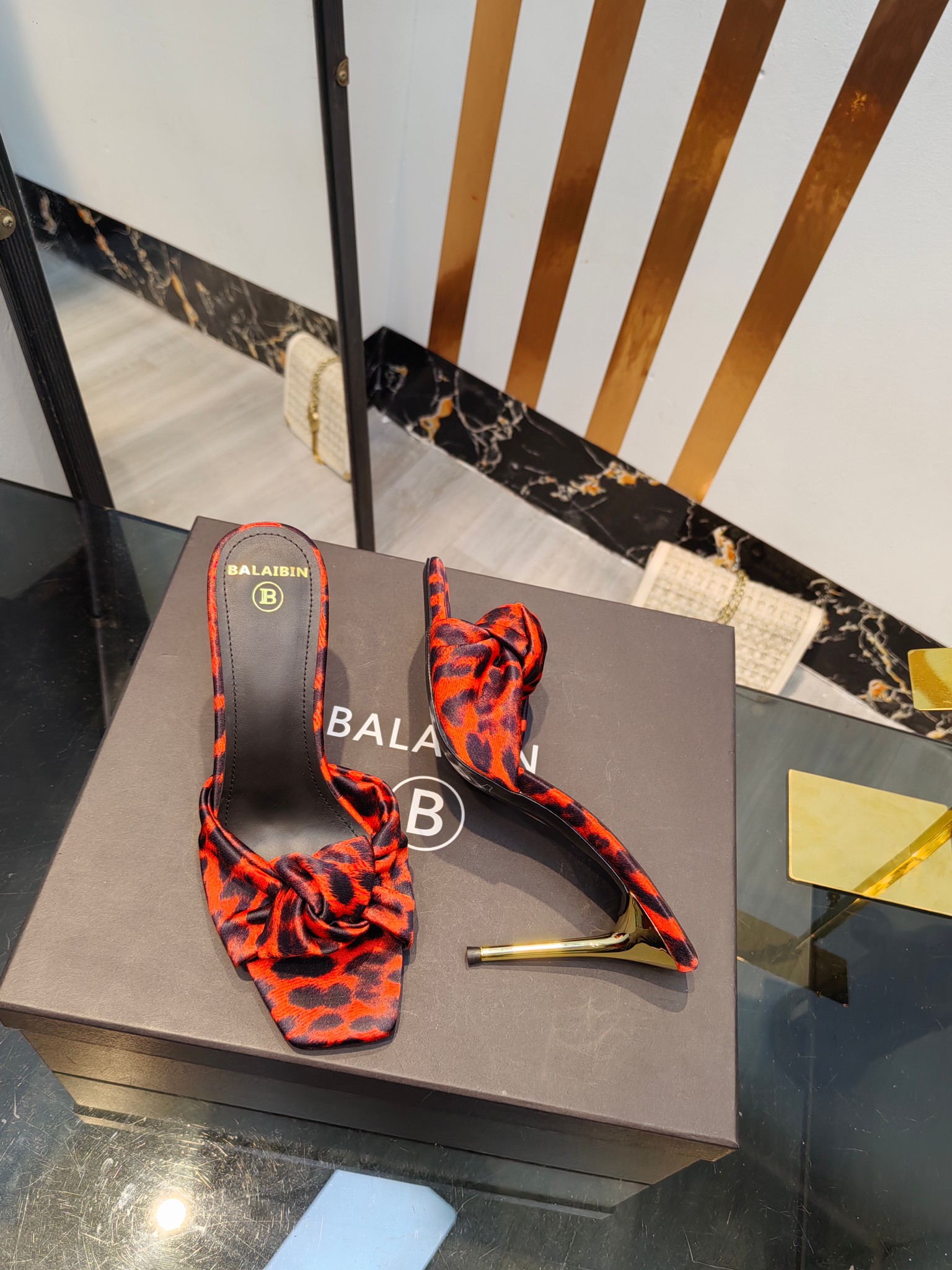 Balmain Square-Toed Leopard Print High-Heeled Slippers